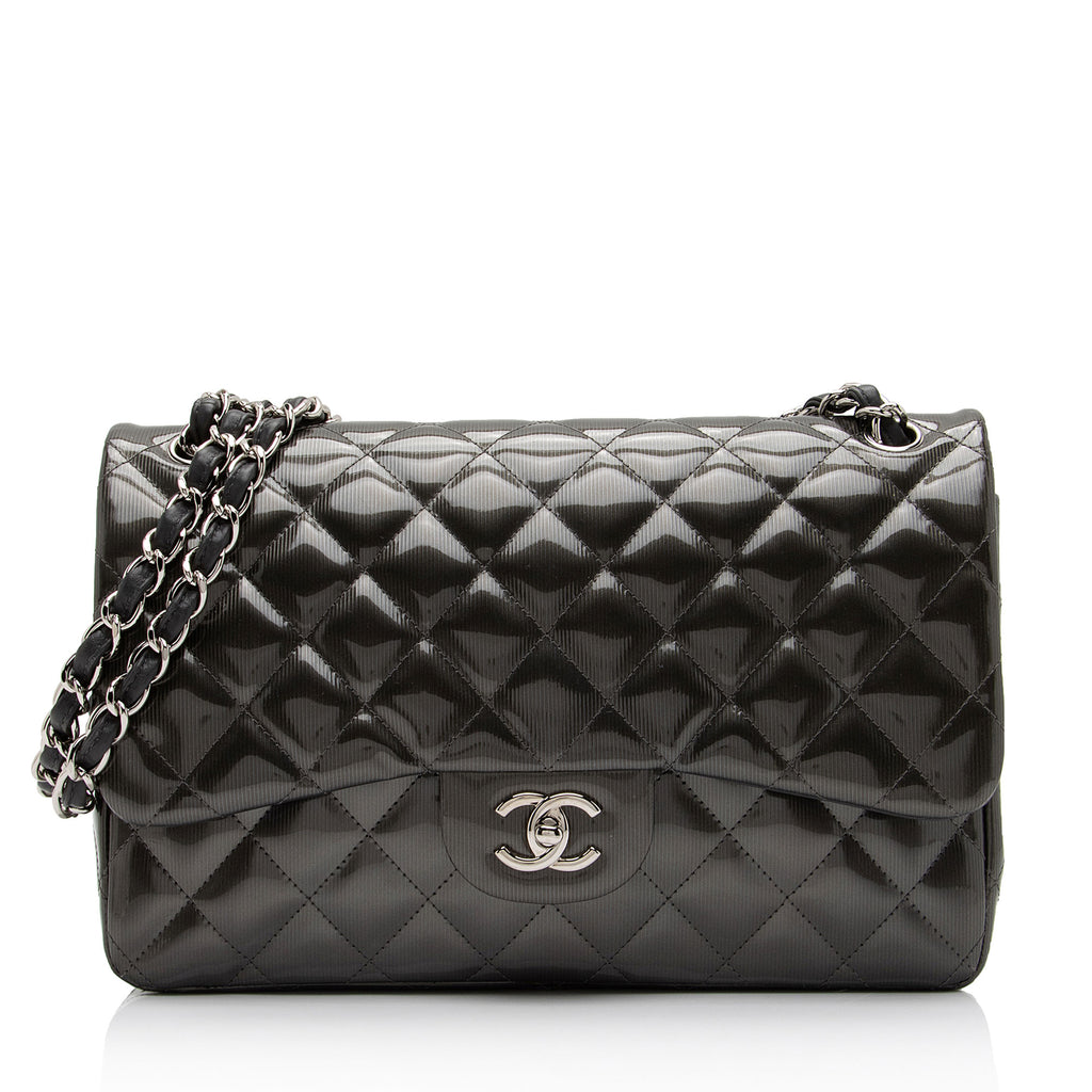 Chanel Patent Leather Stripe Classic Jumbo Double Flap Bag (SHF-xHciHb)