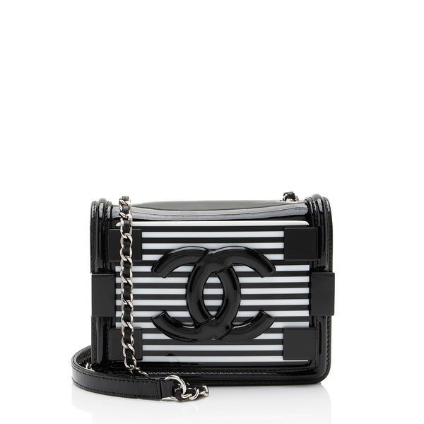 Chanel Patent Leather Striped Plexiglass Brick Boy Mini Flap Bag (SHF-0FlNDK)