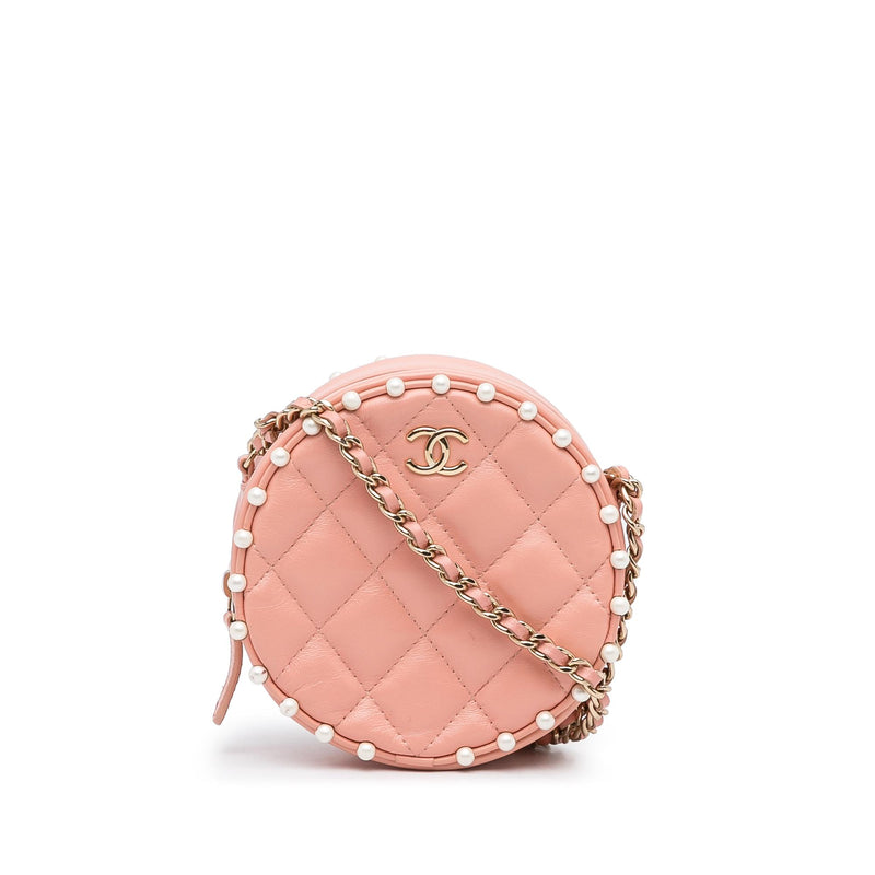Chanel Pearl Strap Round Clutch with Chain Quilted Iridescent Lambskin