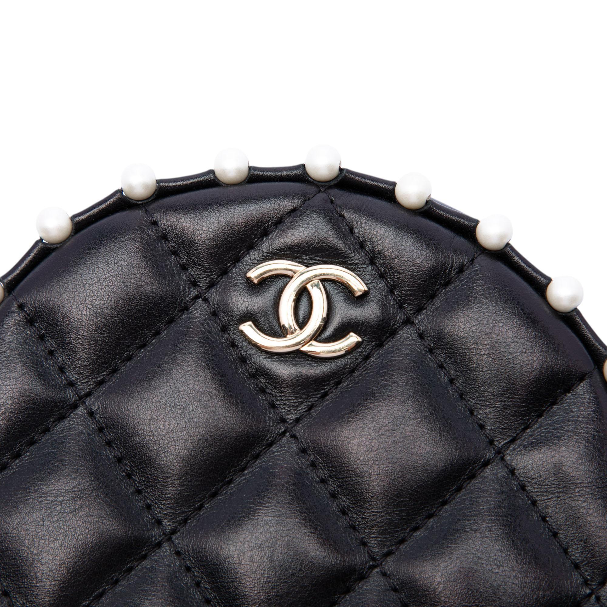 Chanel Quilted Calfskin Pearl Studded Round Clutch with Chain