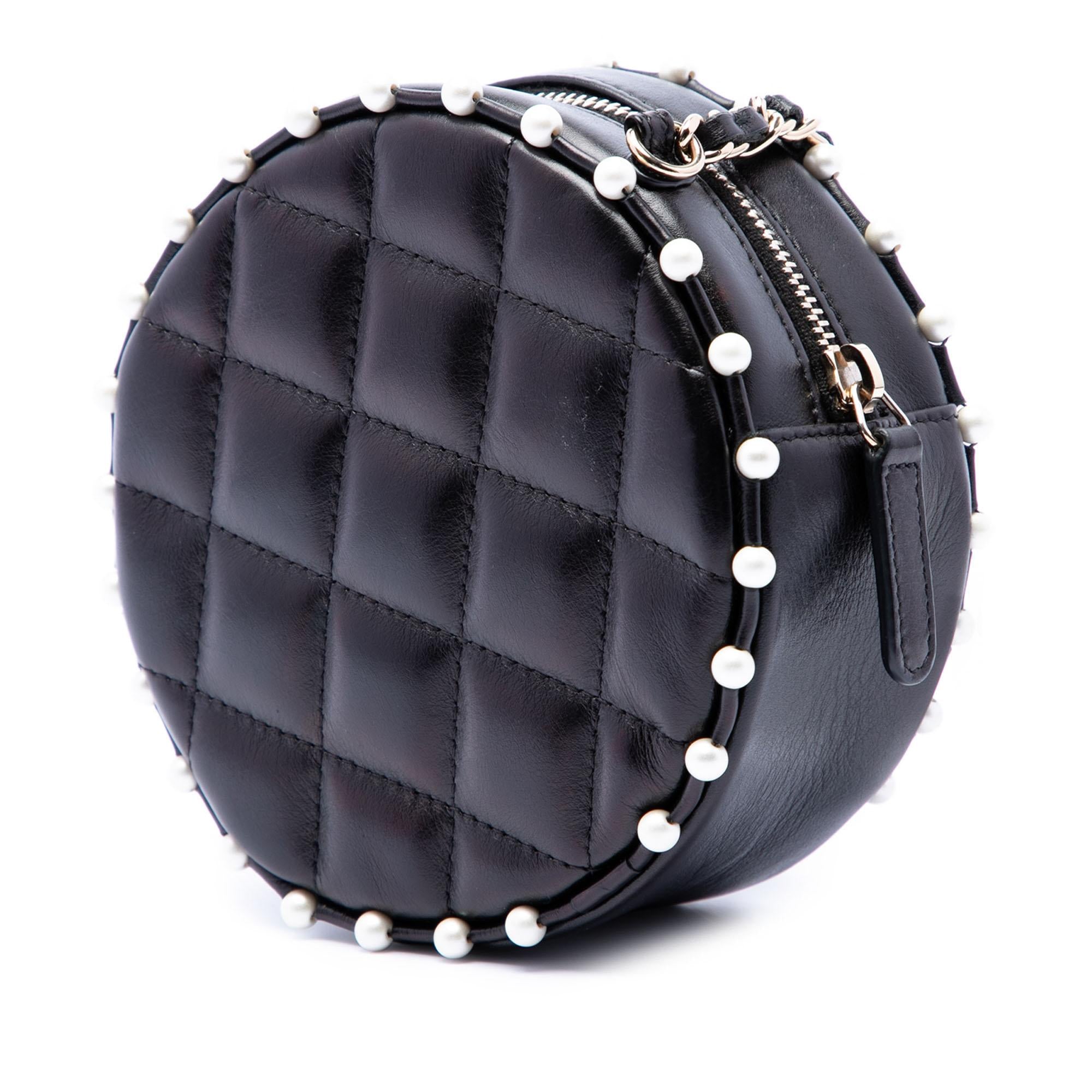 Chanel Quilted Calfskin Pearl Studded Round Clutch with Chain