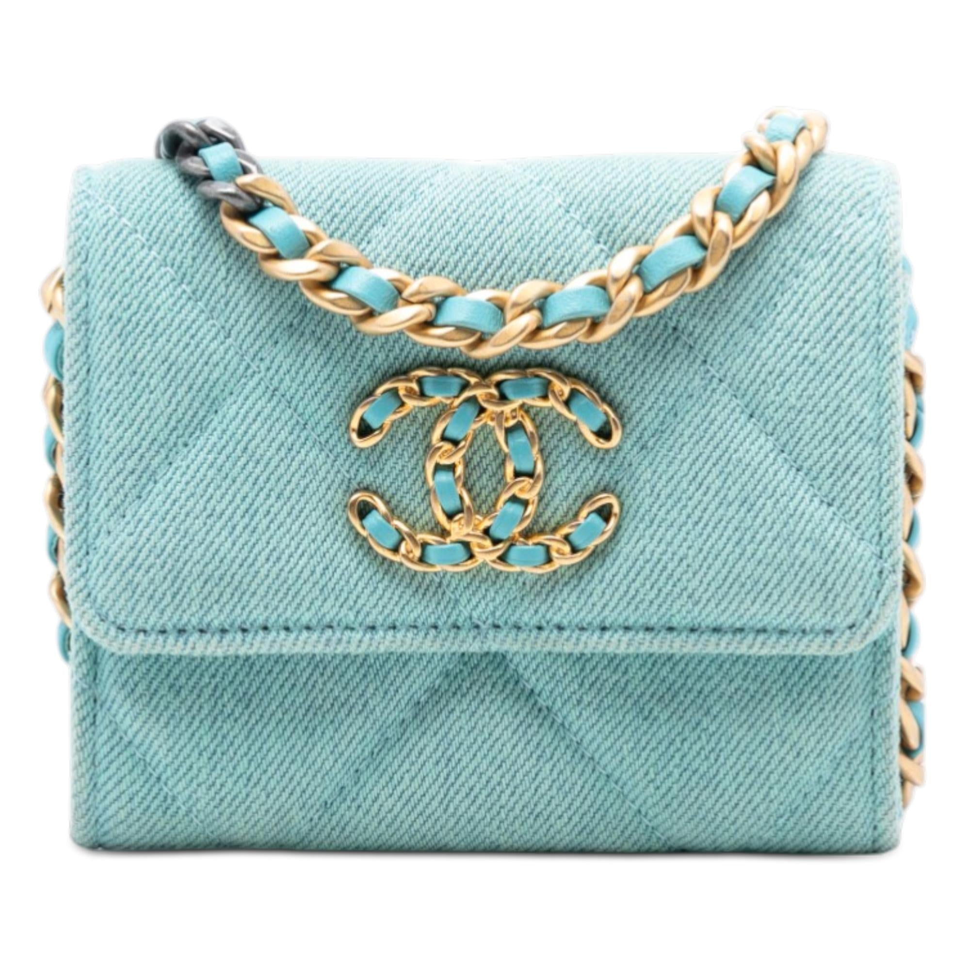 Chanel Quilted Denim 19 Card Holder with Chain