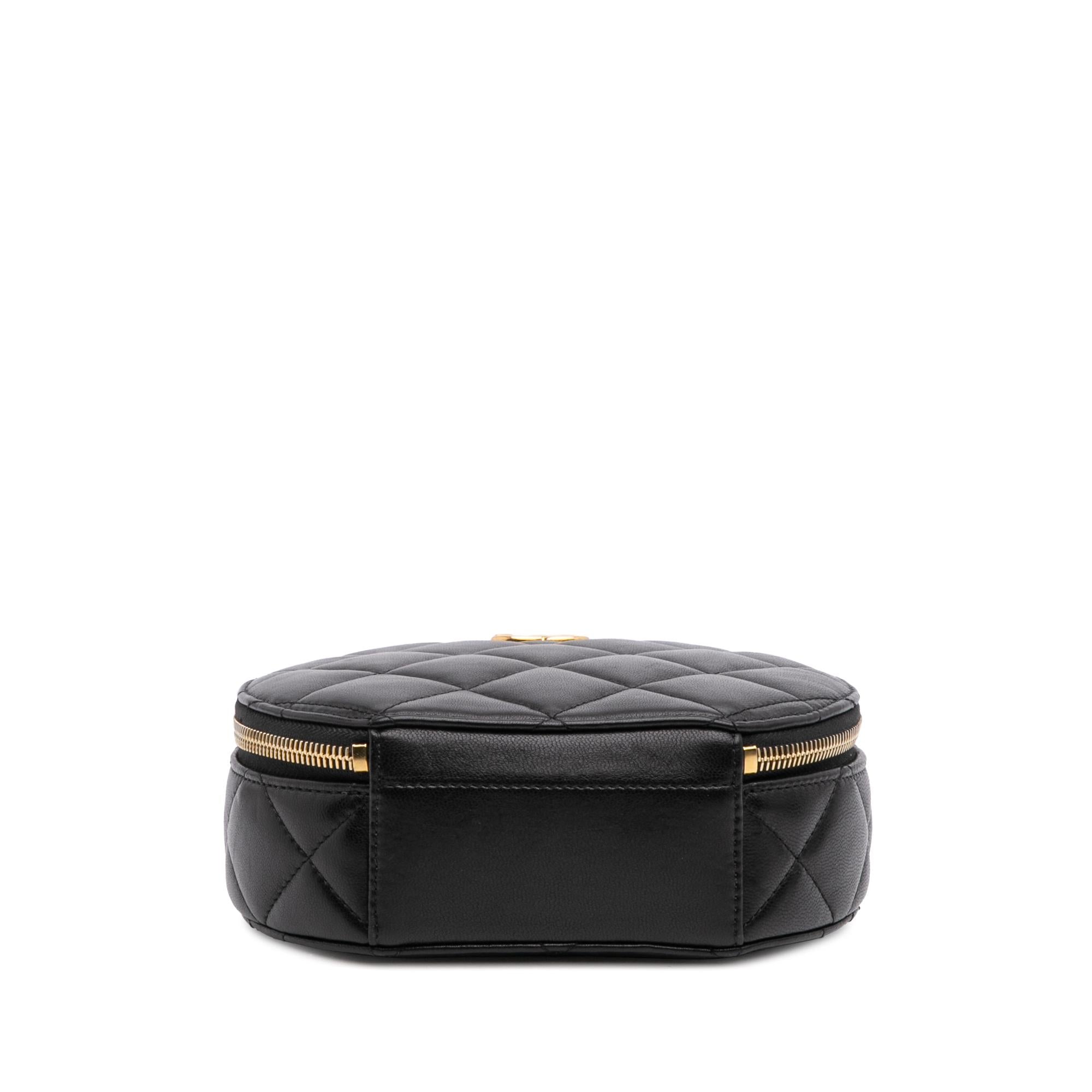 Chanel Quilted Lambskin Oval Logo Chain Top Handle Round Clutch on Chain