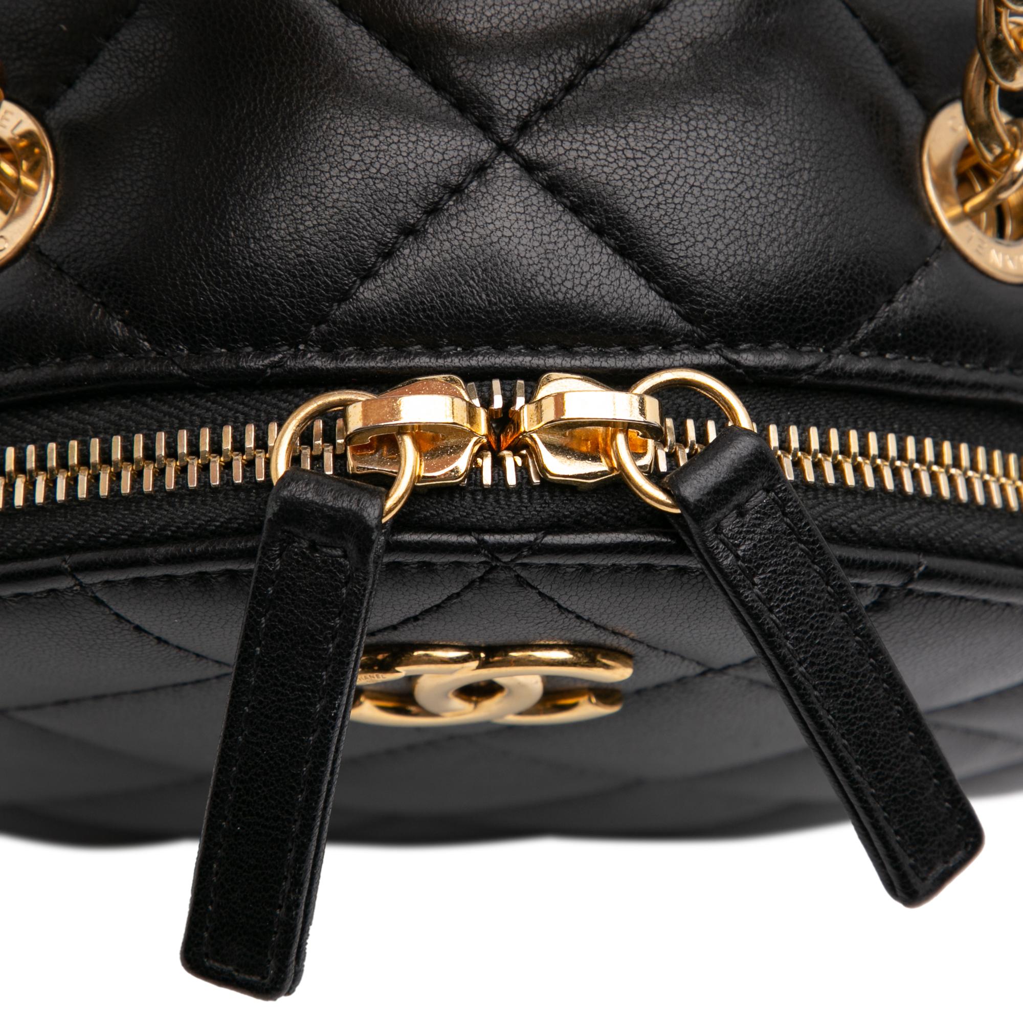 Chanel Quilted Lambskin Oval Logo Chain Top Handle Round Clutch on Chain
