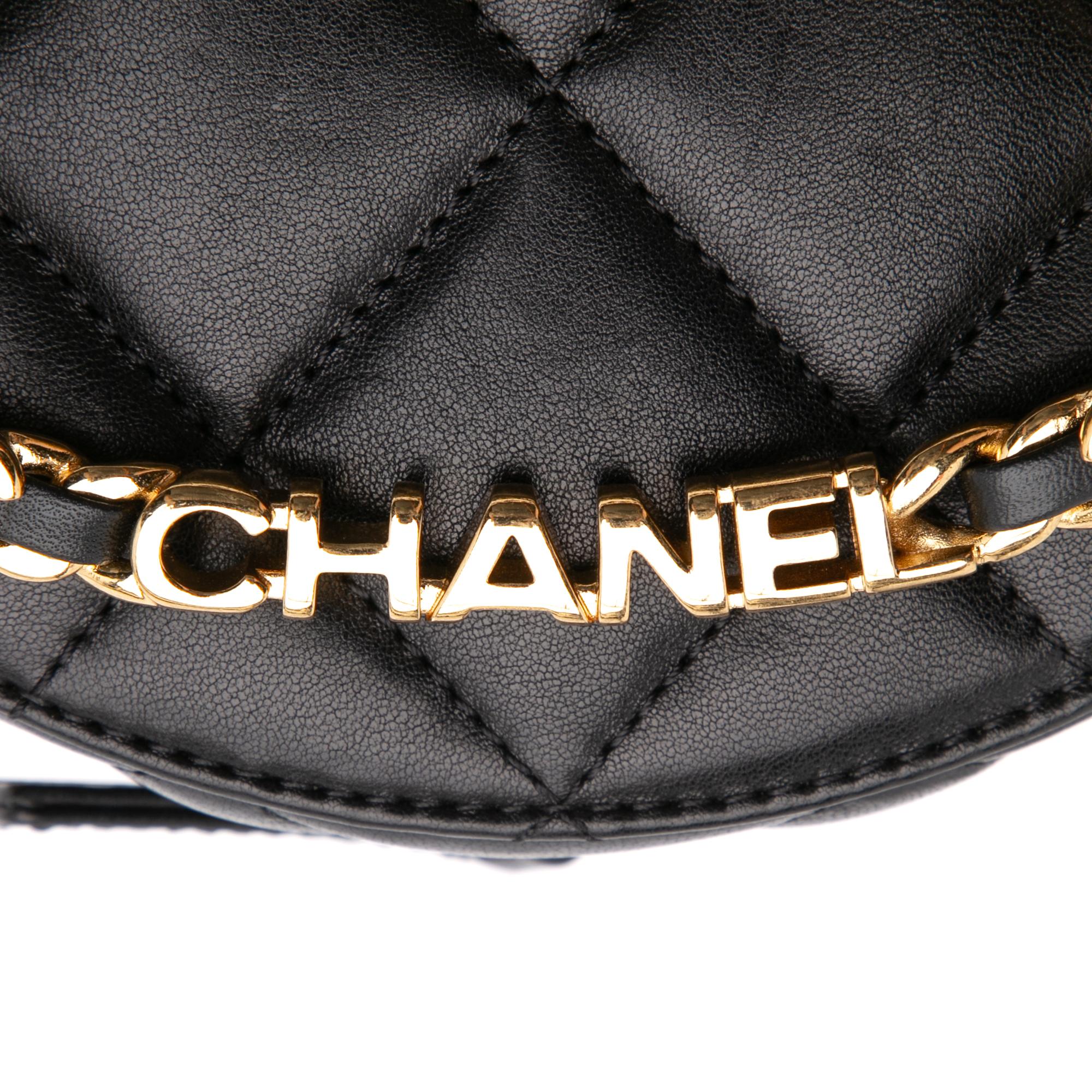 Chanel Quilted Lambskin Oval Logo Chain Top Handle Round Clutch on Chain