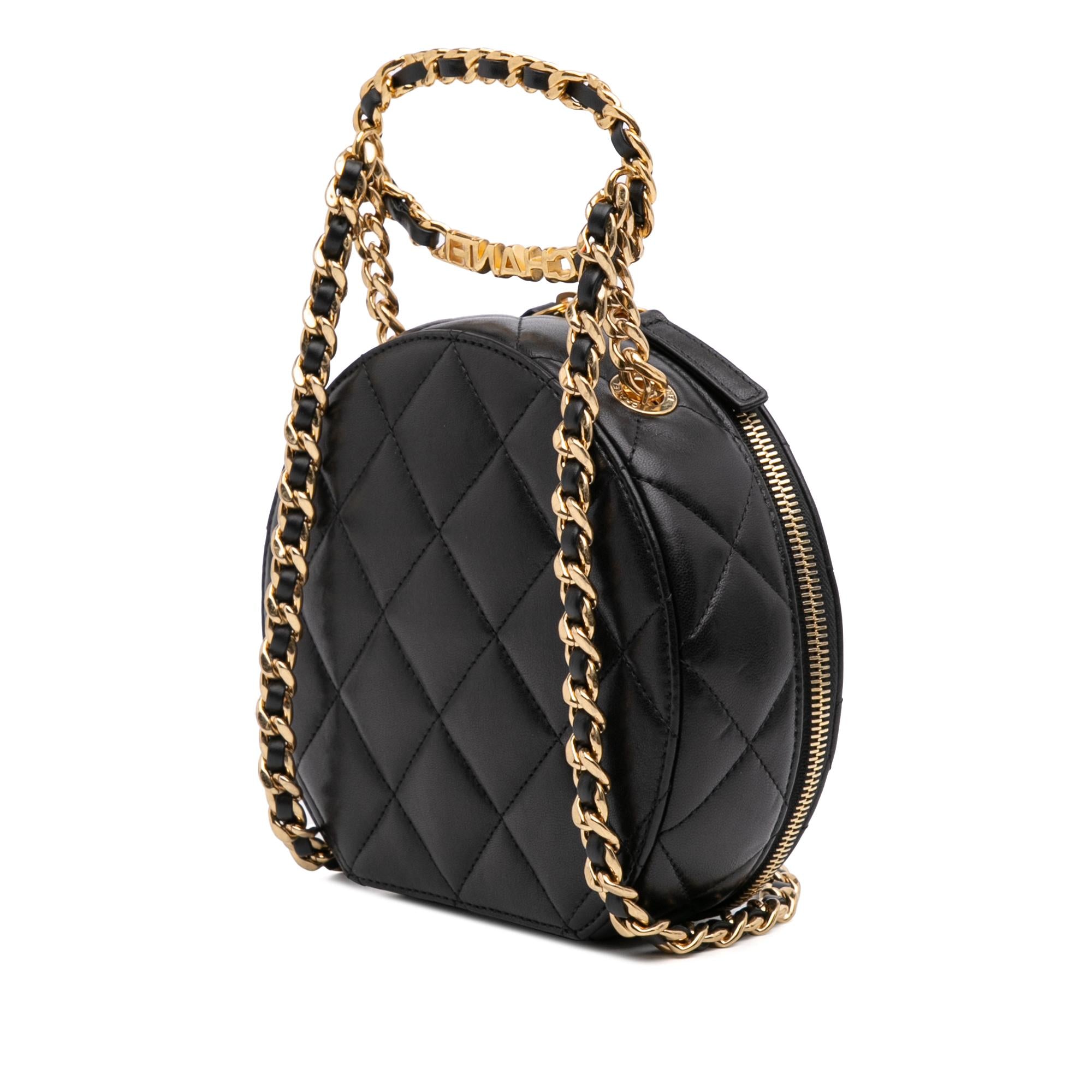 Chanel Quilted Lambskin Oval Logo Chain Top Handle Round Clutch on Chain