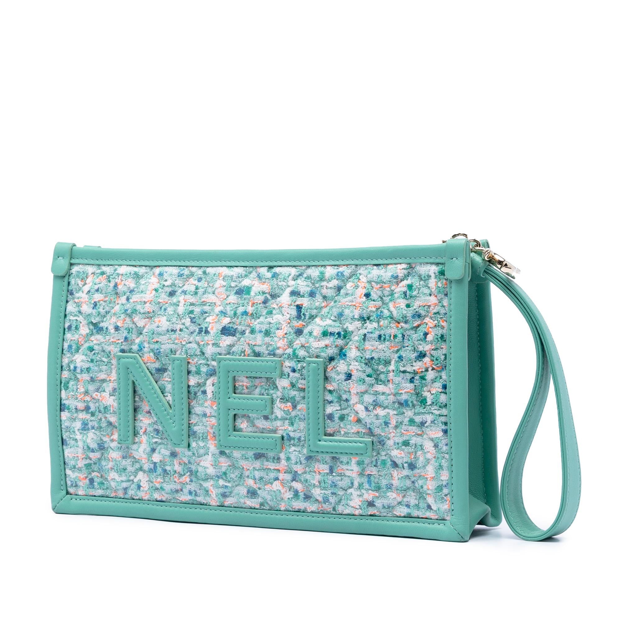 Chanel Quilted Tweed PVC Logo Wristlet Clutch