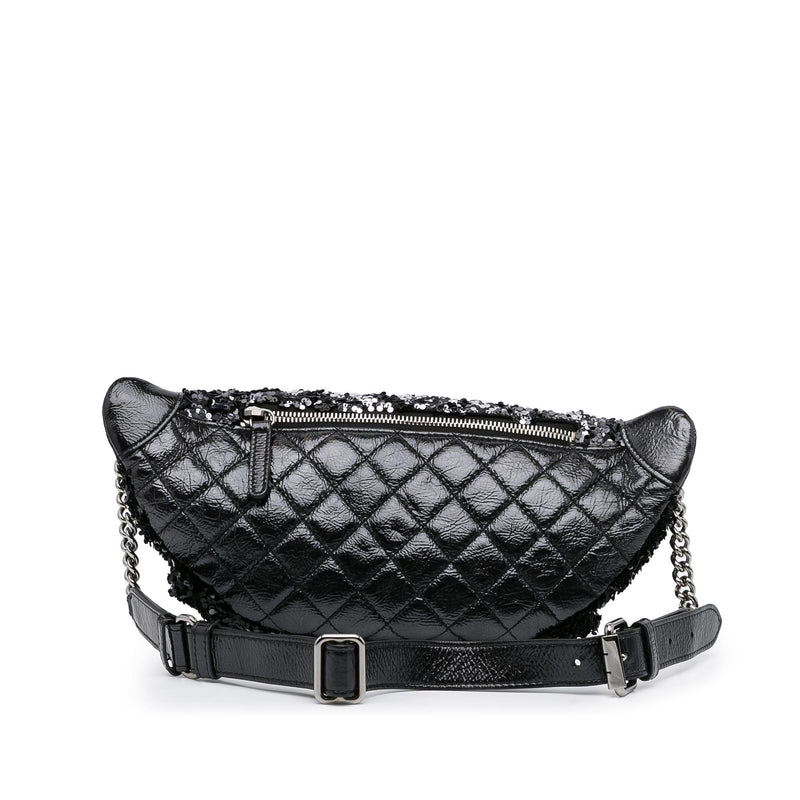 Fanny-Pack-for-Women-Leather Vegan UTO Waist Bag Pearl Chain Lightweight  Chest Pack Shoulder Purse Black