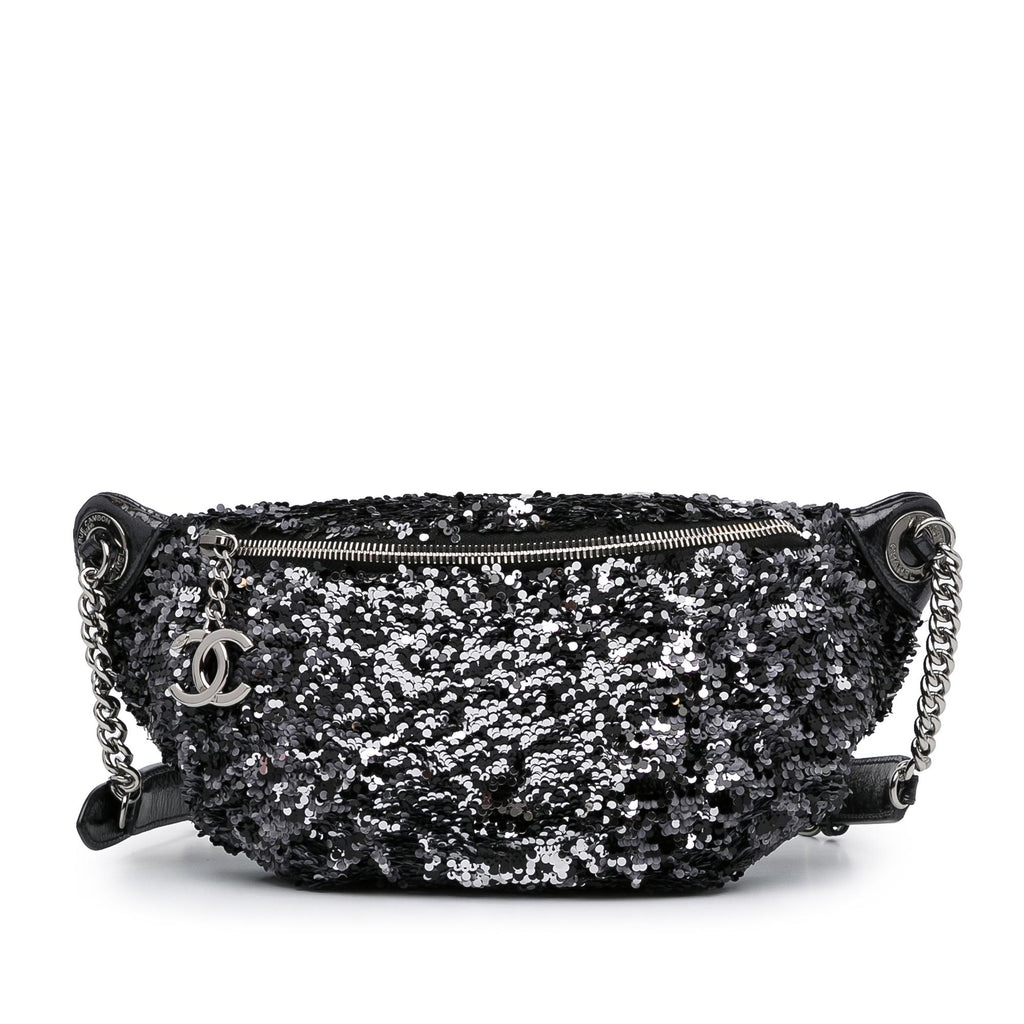 CHANEL Coco Charm Waist Pouch Bag Body Sequin Leather Blue Multicolor