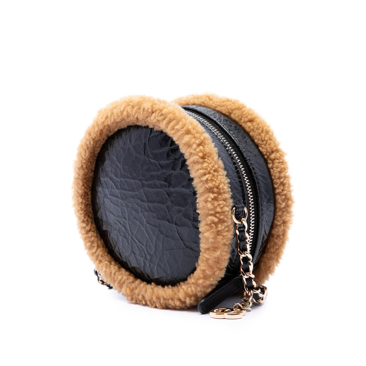 Chanel Shearling Trimmed Shiny Crumpled Sheepskin Round Clutch with Chain