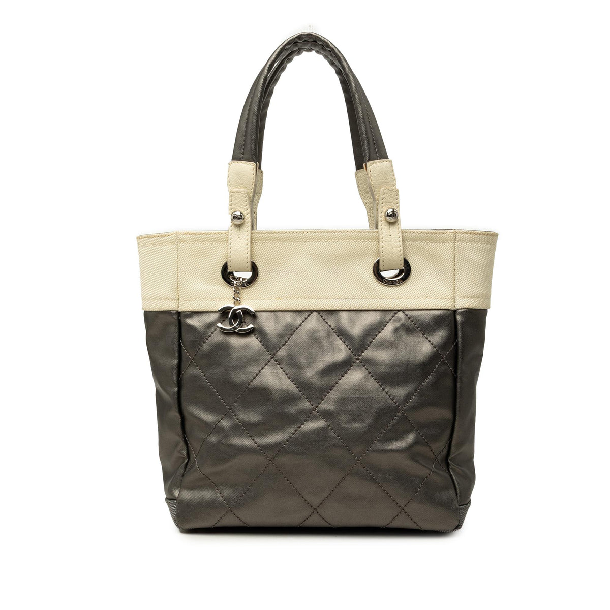 Chanel Small Bicolor Quilted Coated Canvas Paris Biarritz Tote