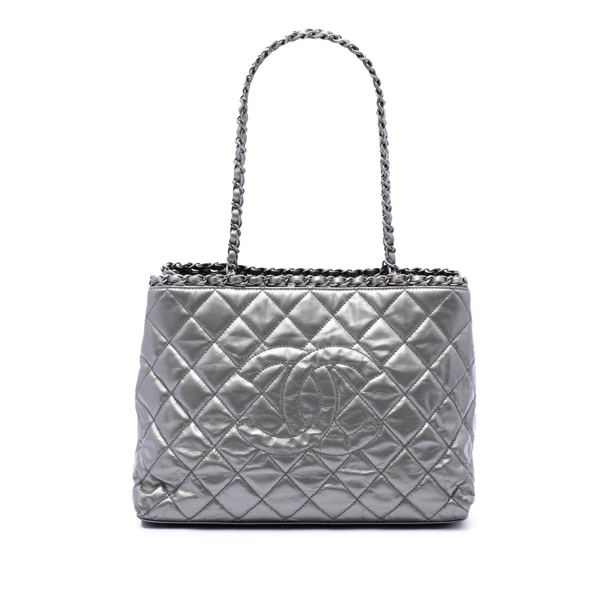 Chanel Small Quilted Metallic Aged Calfskin Chain Me Tote