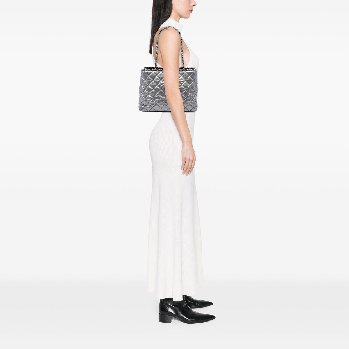Chanel Small Quilted Metallic Aged Calfskin Chain Me Tote