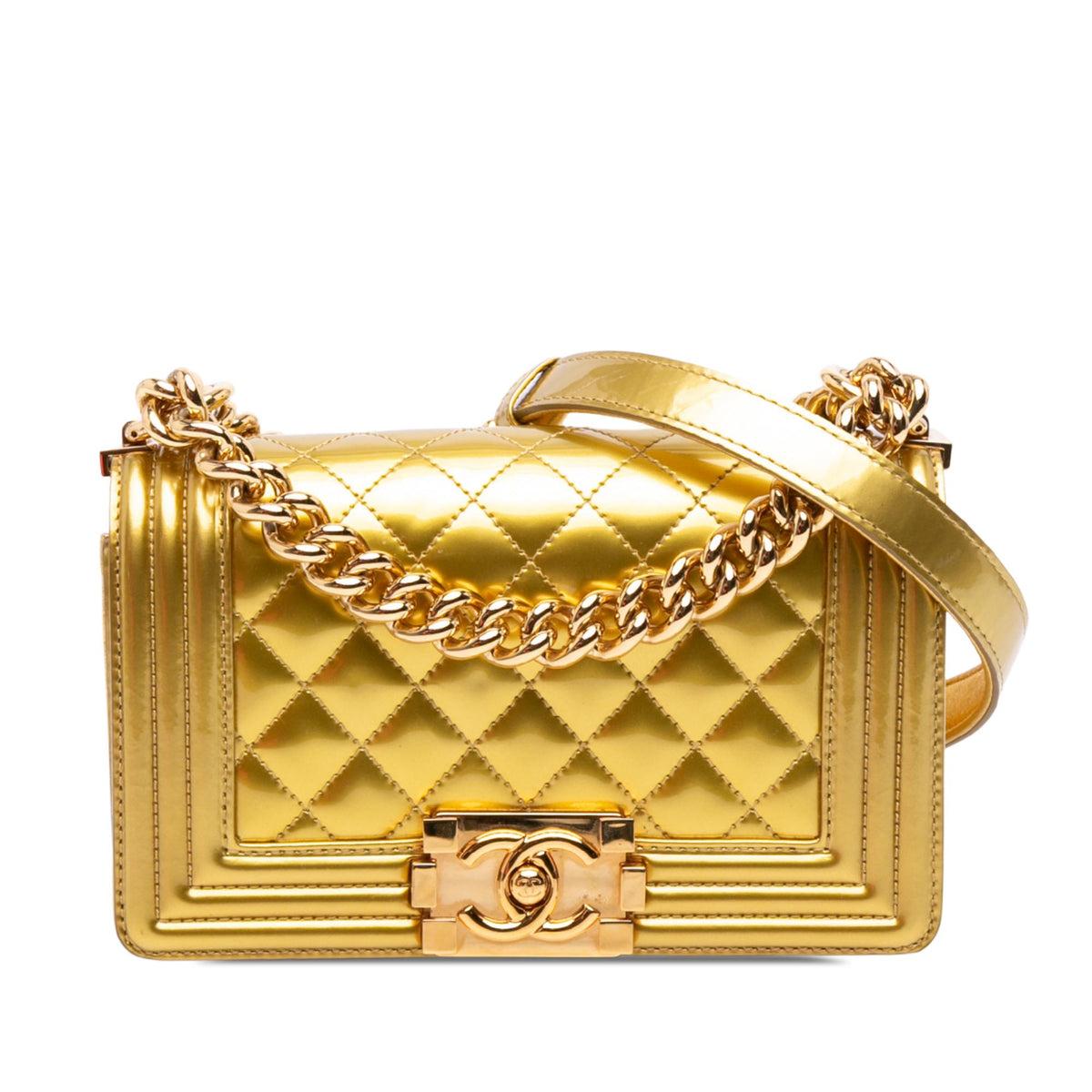 Chanel Small Quilted Metallic Patent Boy Flap