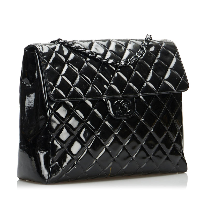 Chanel Chanel Black Quilted Patent Leather Silver-tone Chain