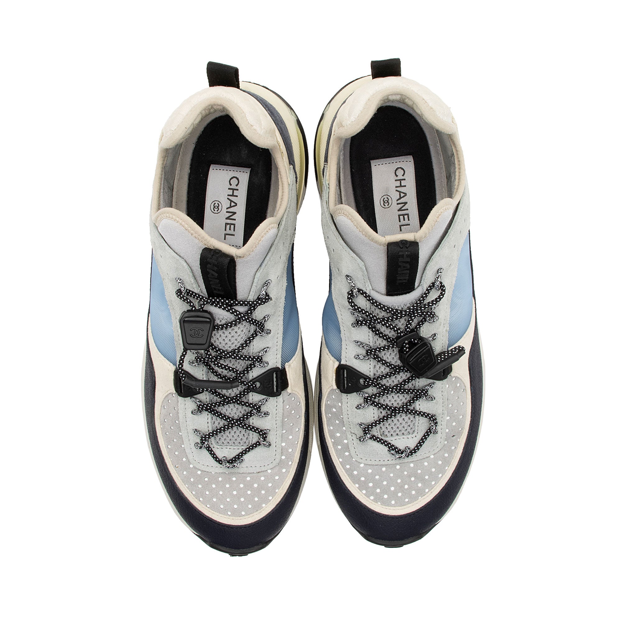 Chanel Suede Calfskin Quilted Fabric CC Sneakers - Size 10 / 40 (SHF-A0Zb1v)