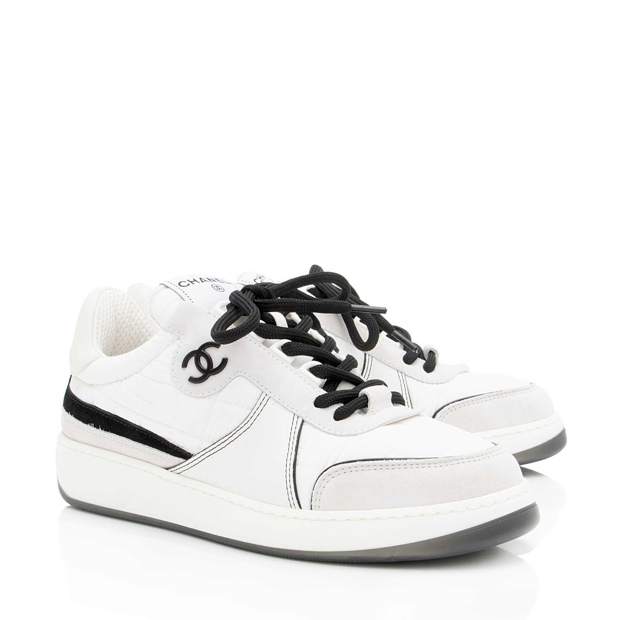 Chanel Suede Calfskin Quilted Fabric CC Sneakers - Size 8 / 38