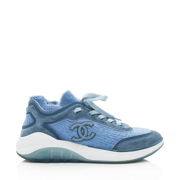 CHANEL Suede Calfskin Stretch Fabric CC Sneakers 40 Light Blue