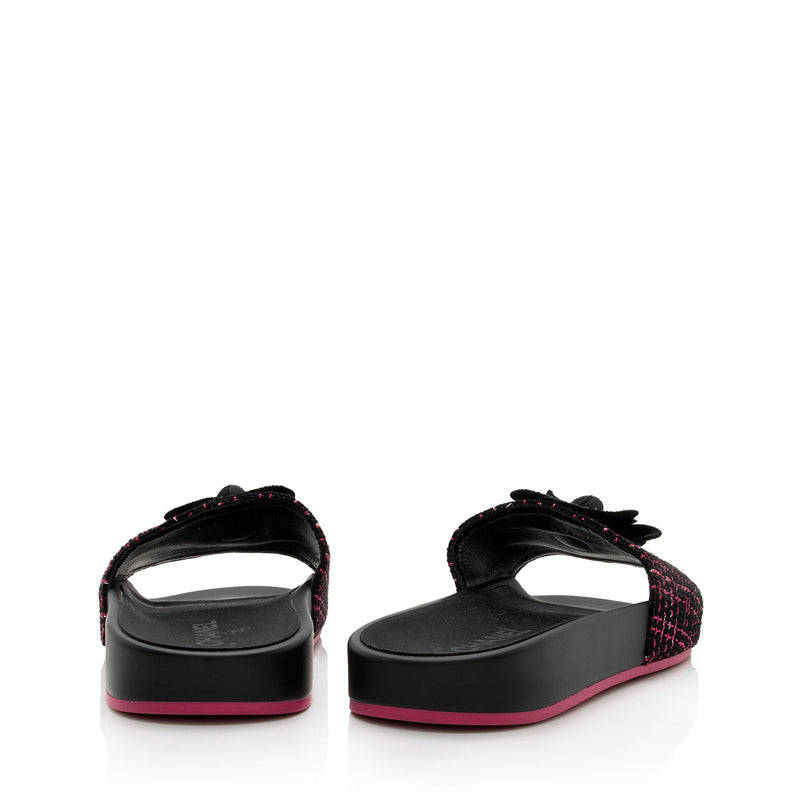 Chanel Tweed And Grosgrain Ribbon Camellia Slide Sandals - Size 8