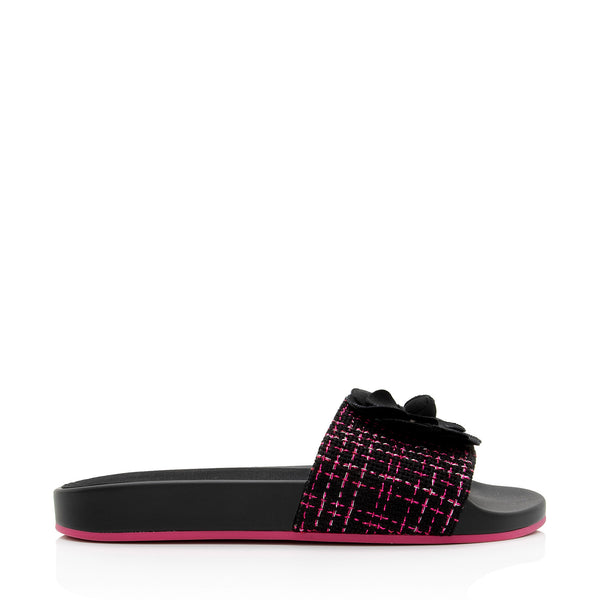 Chanel Tweed And Grosgrain Ribbon Camellia Slide Sandals - Size 8