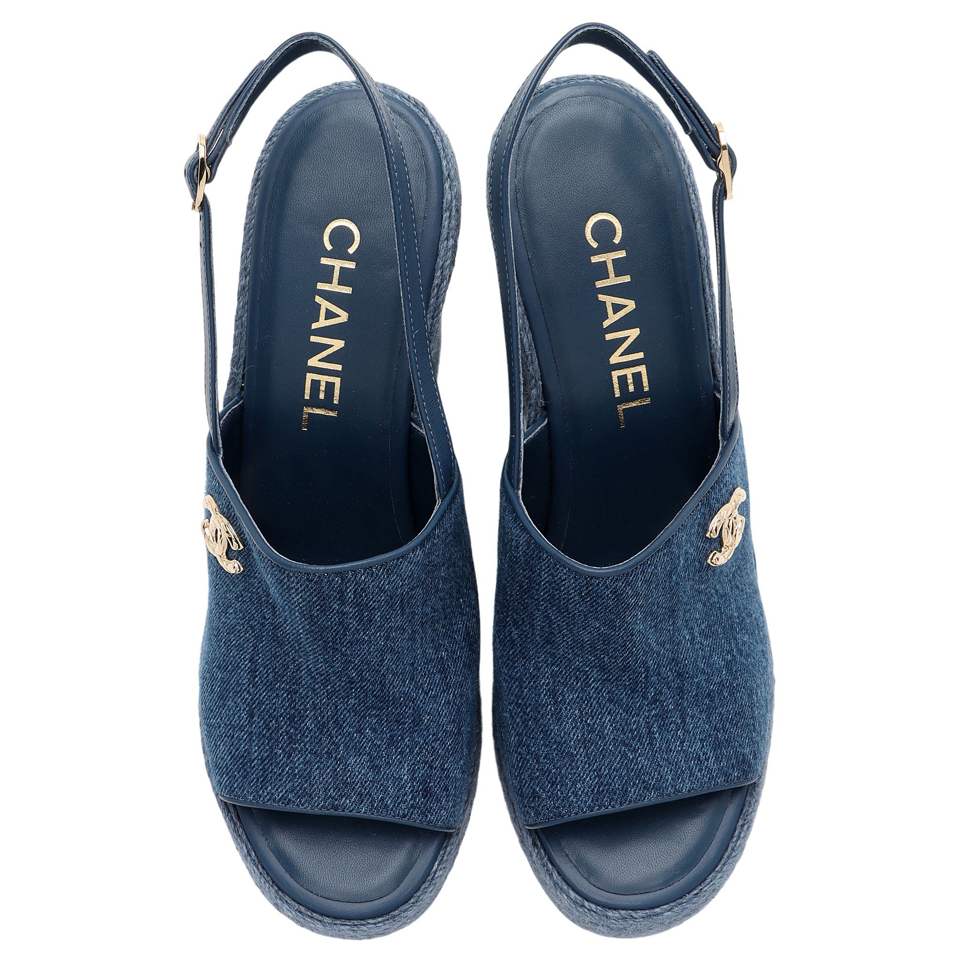 Chanel Washed Denim CC Wedge Sandals - Size 8.5 / 39.5