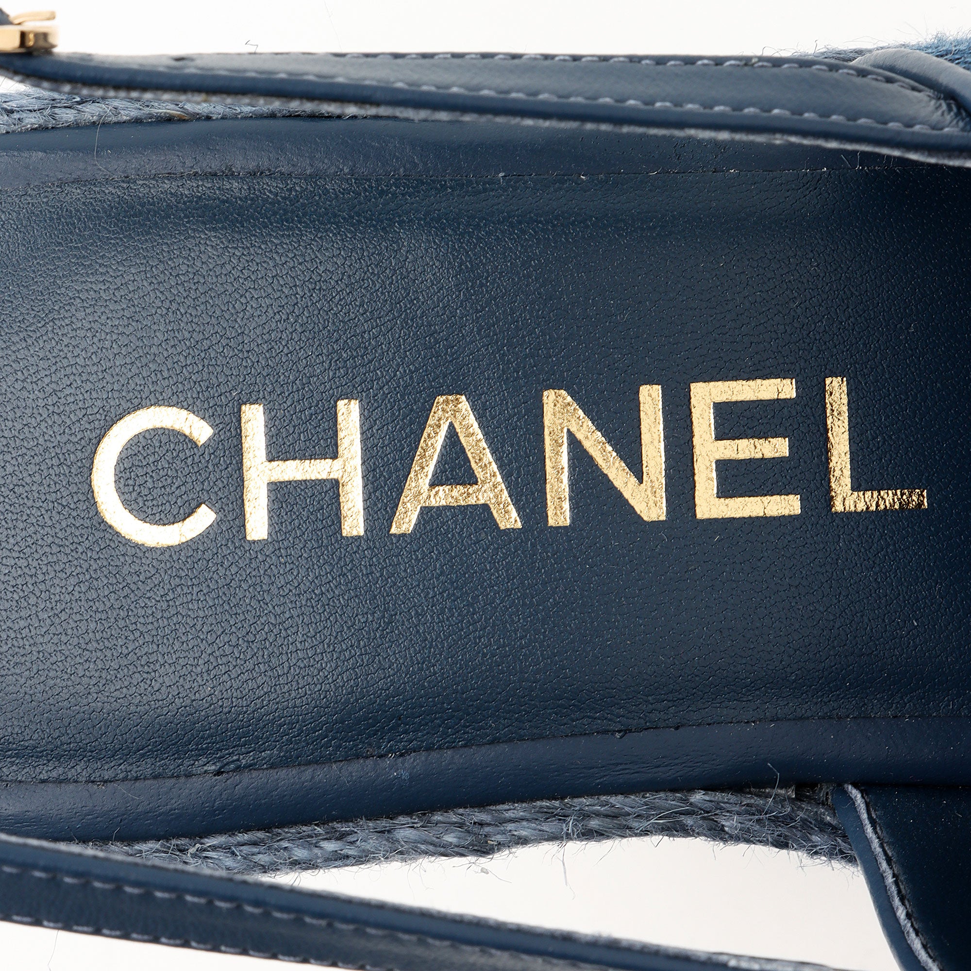 Chanel Washed Denim CC Wedge Sandals - Size 8.5 / 39.5
