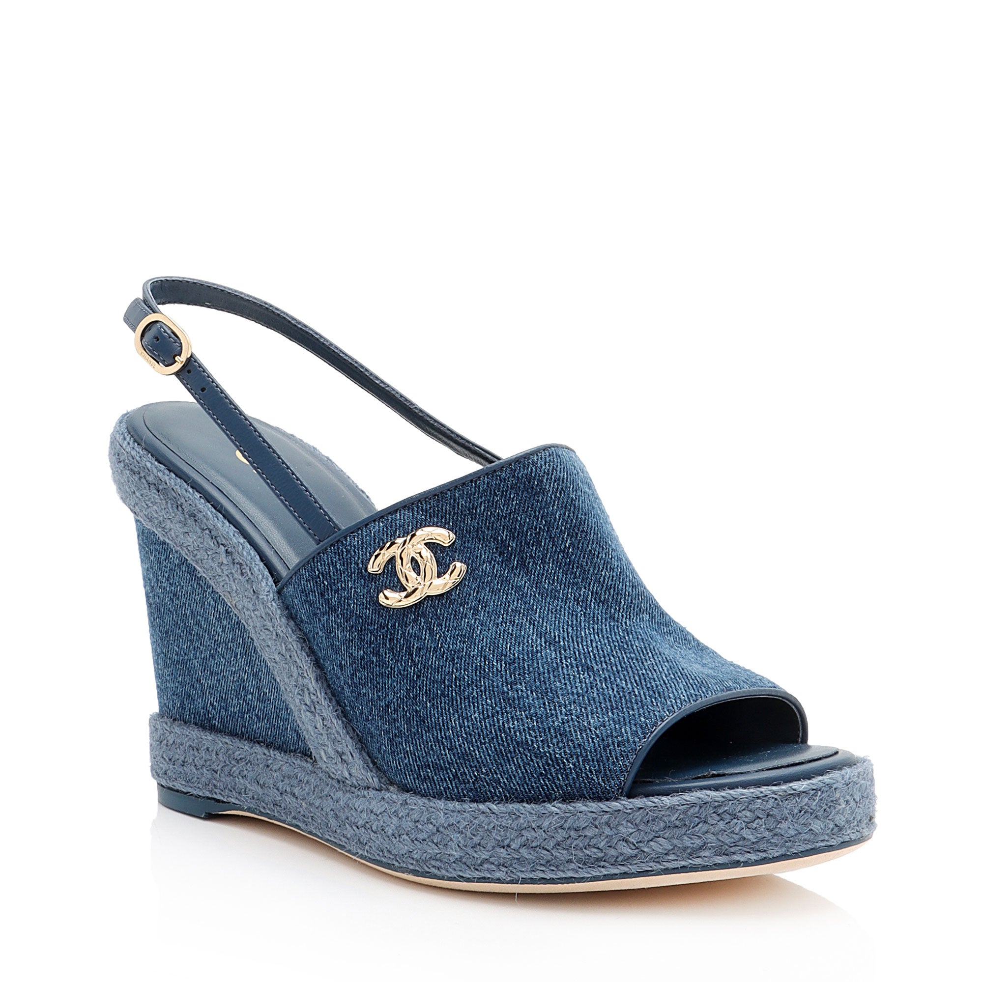 Chanel Washed Denim CC Wedge Sandals - Size 8.5 / 39.5