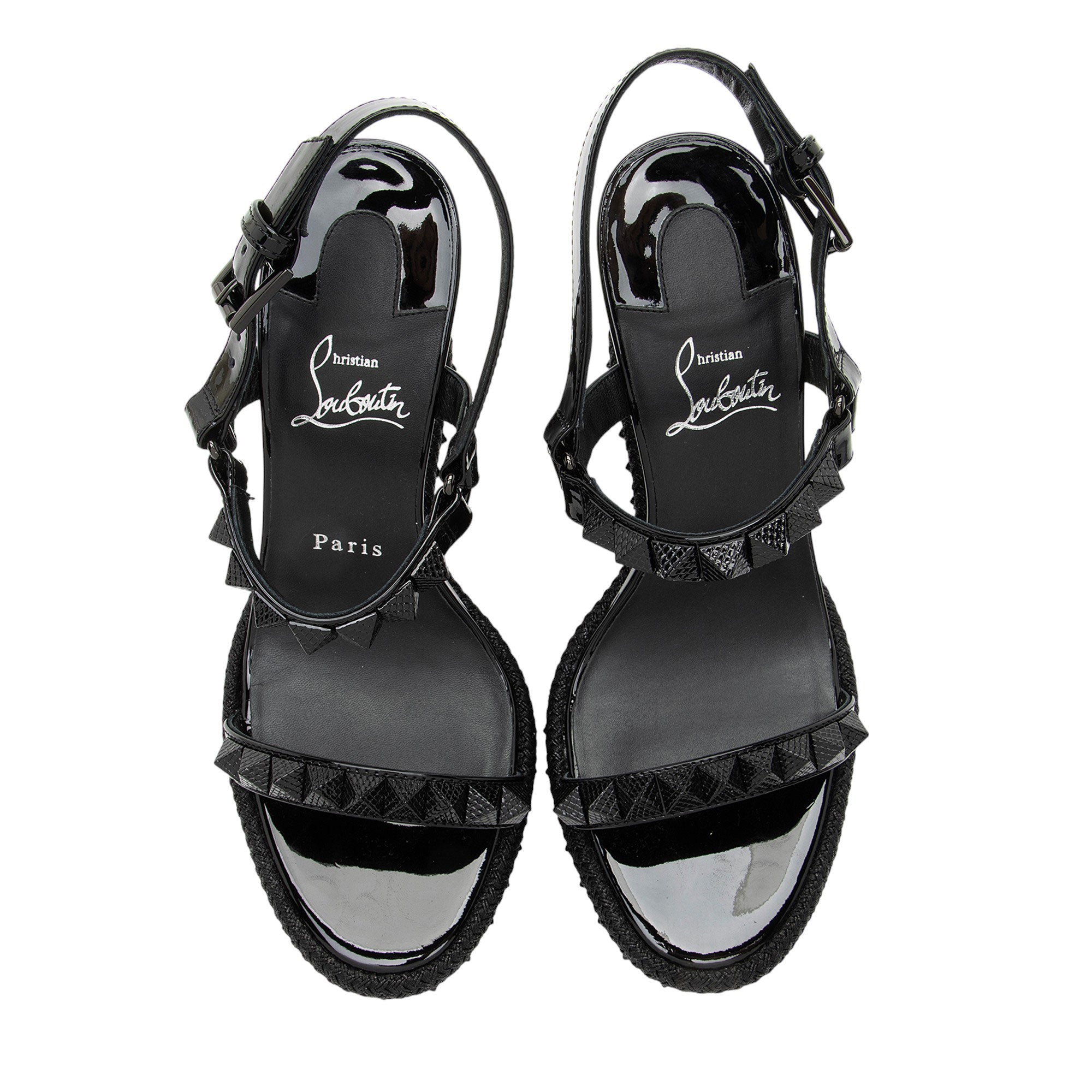 Christian Louboutin Patent Leather Spiked Pyraclou Wedge Sandals - Size 9 / 39