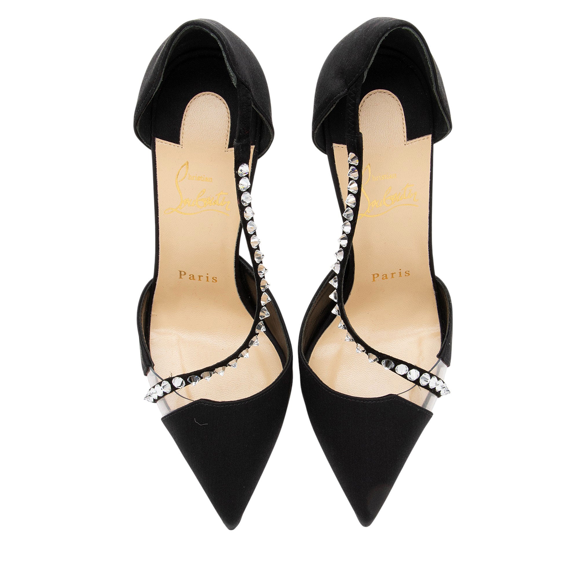 靴 Christian Louboutin KATE CRYSTAL CROSS Christian Louboutin Satin Rhinestone PVC Krystal Cross Pumps - Size 6.