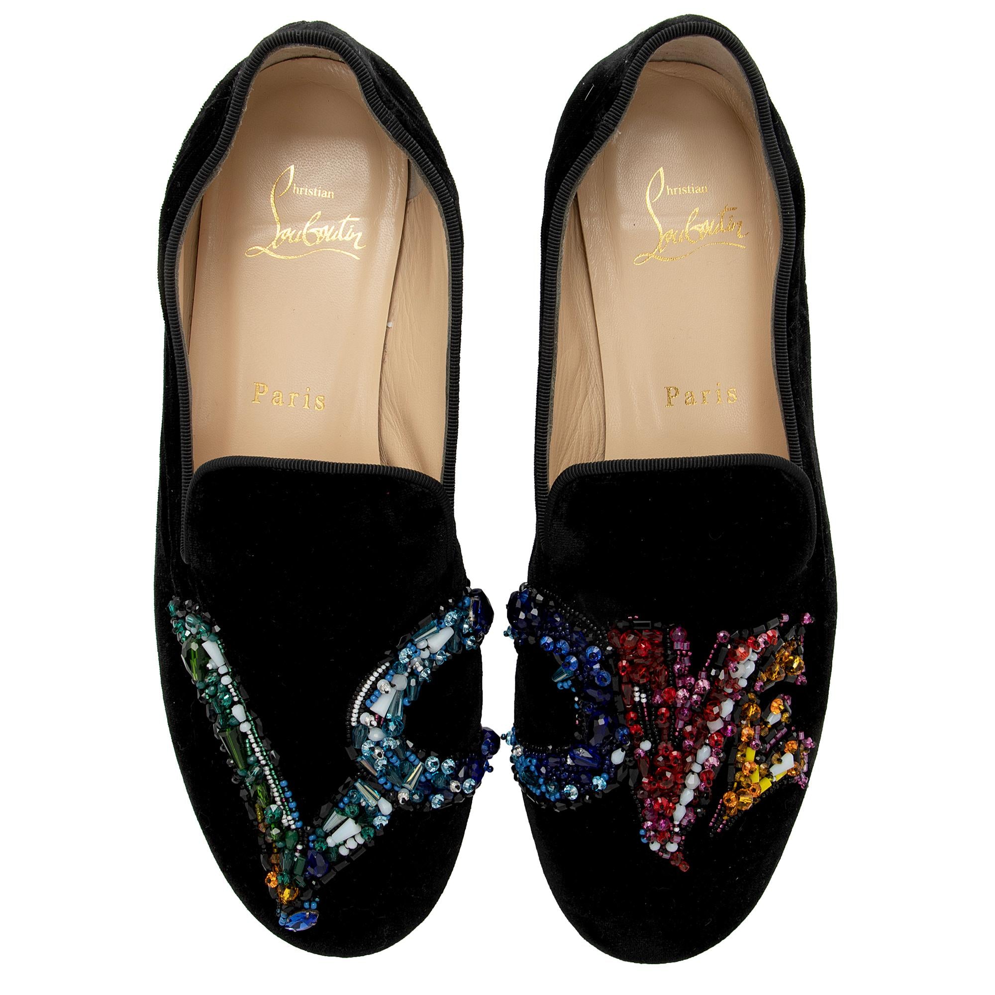 Christian Louboutin Velvet Crystal Rollerlove Loafers - Size 8 / 38 (SHF-dLgHuV)