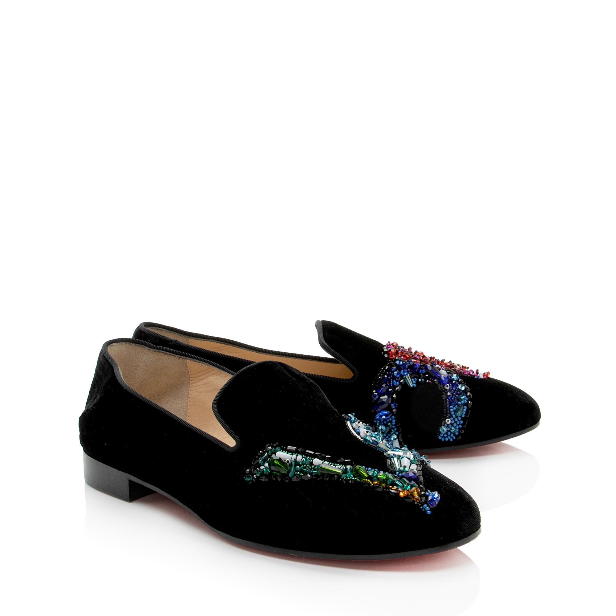 Christian Louboutin Velvet Crystal Rollerlove Loafers - Size 8 / 38 (SHF-dLgHuV)