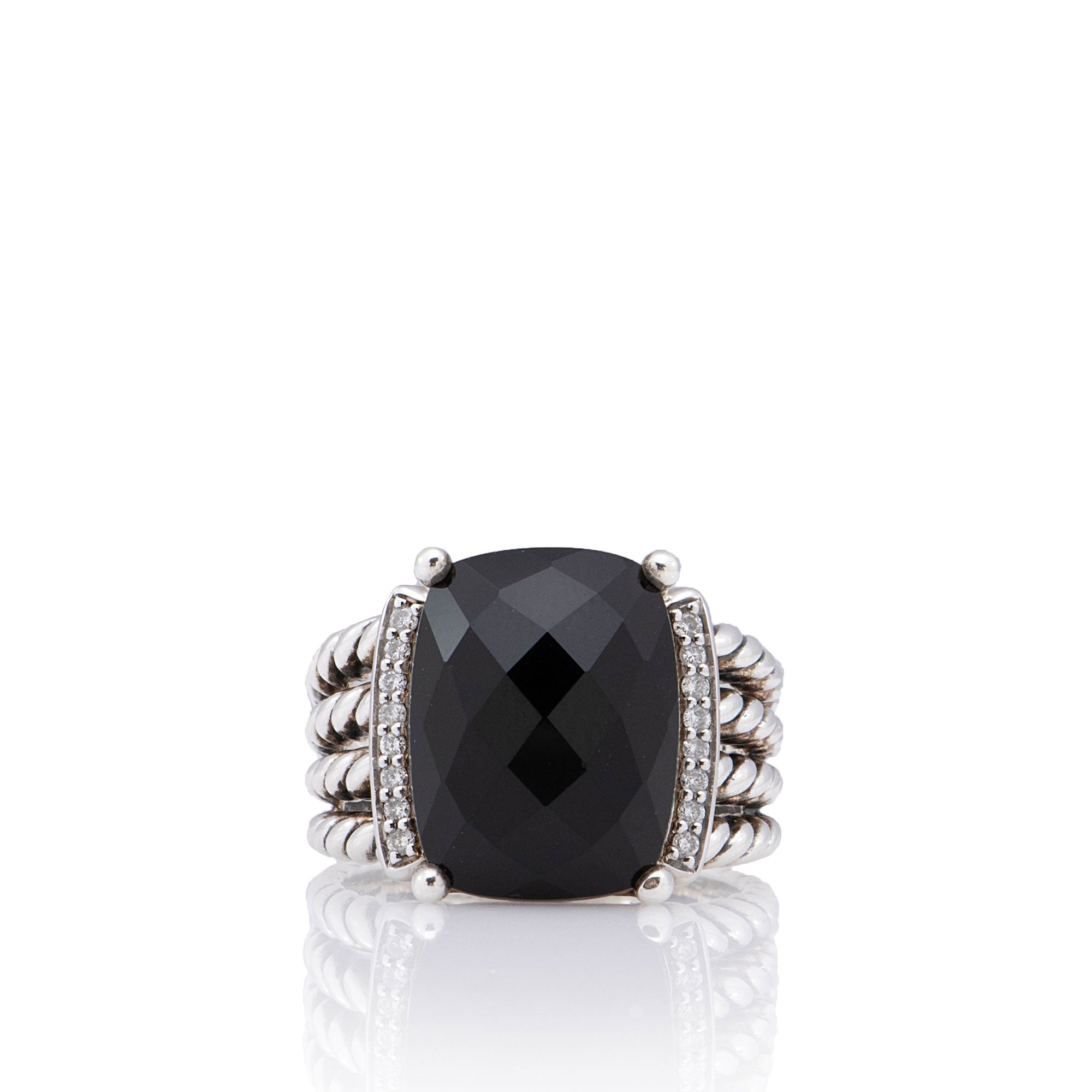 David Yurman Sterling Silver Diamond Onyx Wheaton Ring - Size 8