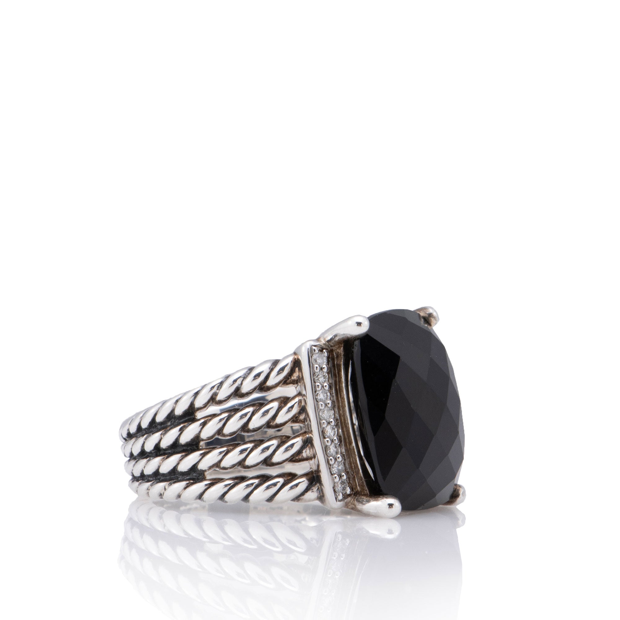 David Yurman Sterling Silver Diamond Onyx Wheaton Ring - Size 8