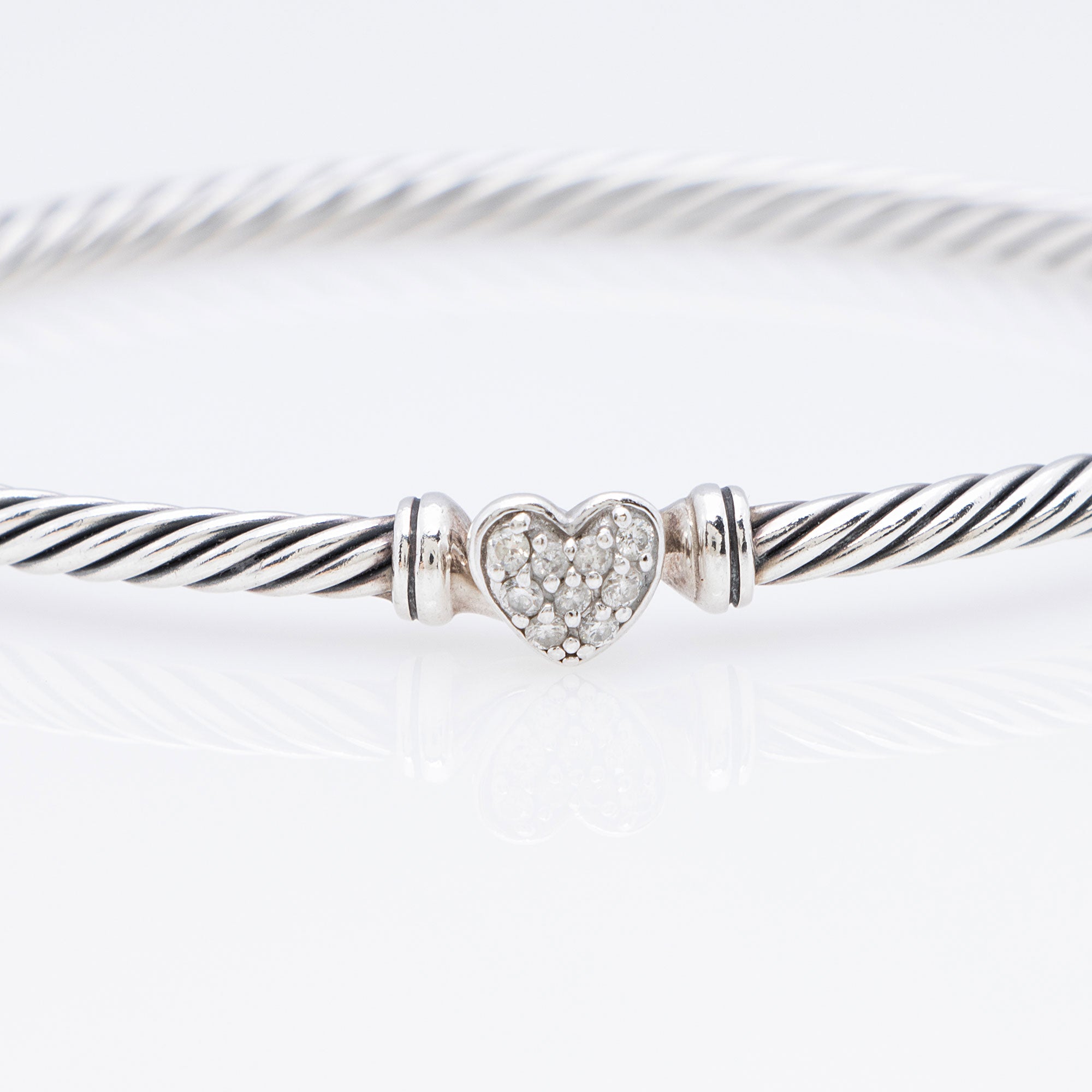 David Yurman Sterling Silver Pave Diamond Heart Cable Collectibles 3mm Bracelet