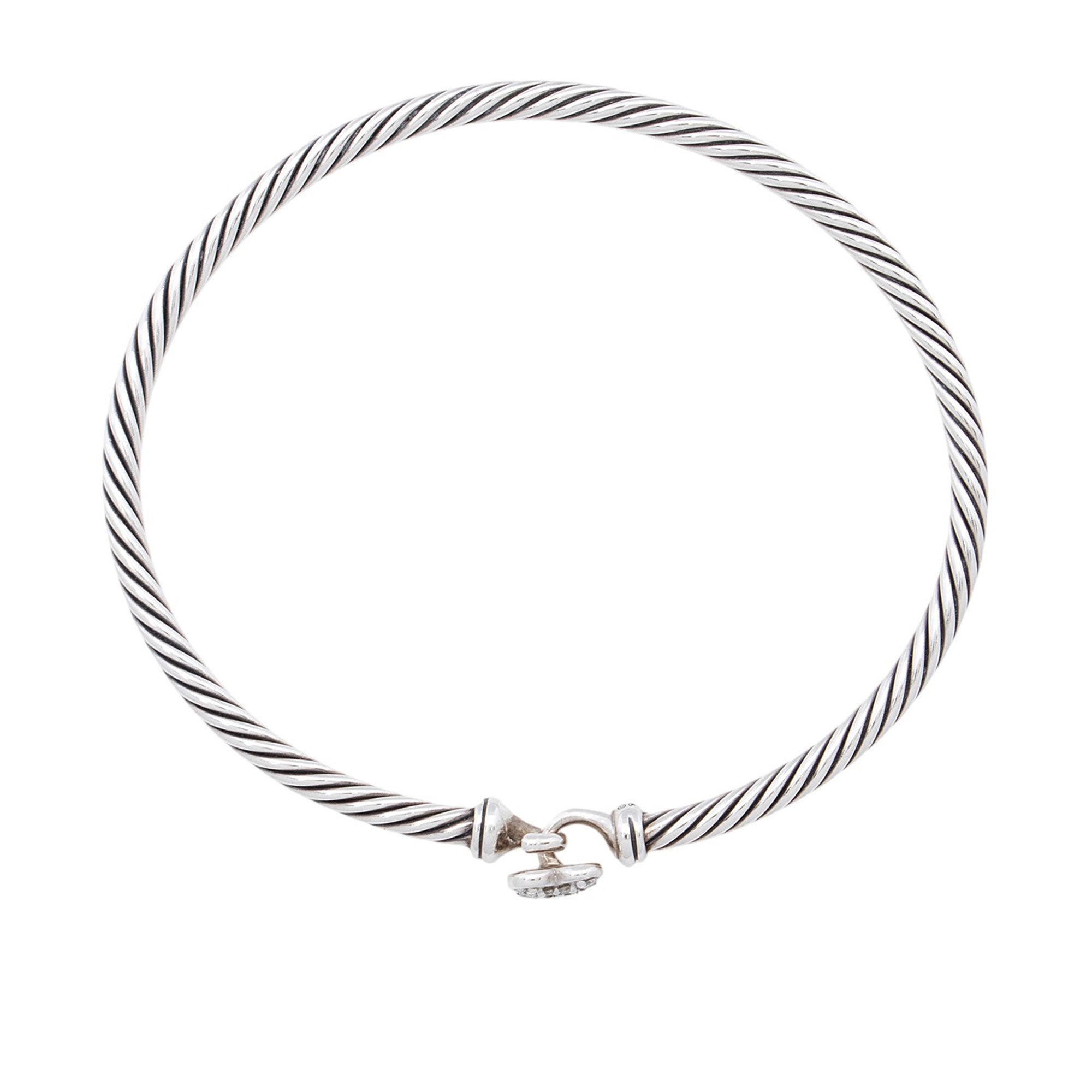 David Yurman Sterling Silver Pave Diamond Heart Cable Collectibles 3mm Bracelet