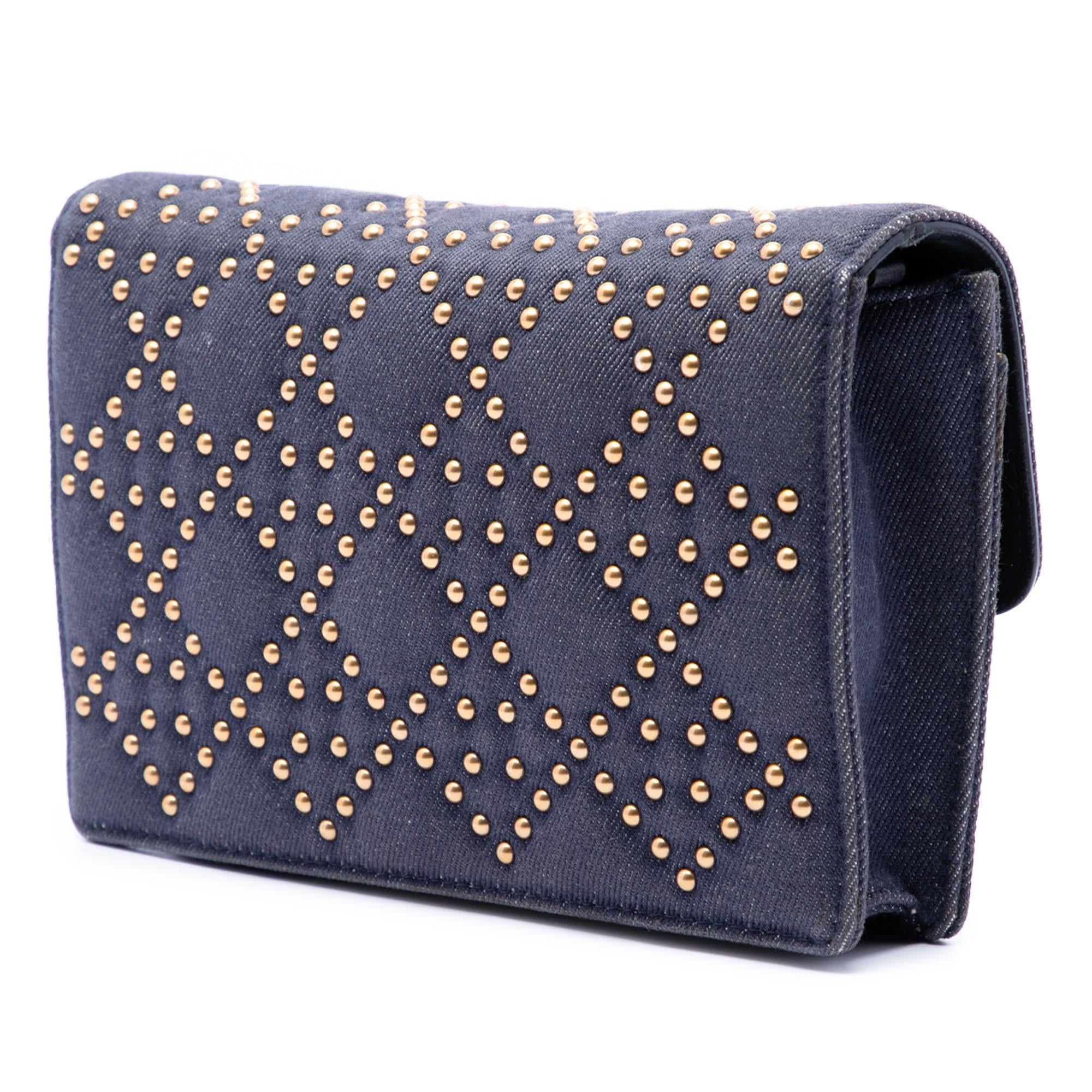 Dior Denim Cannage Studded DiorAddict Wallet on Chain