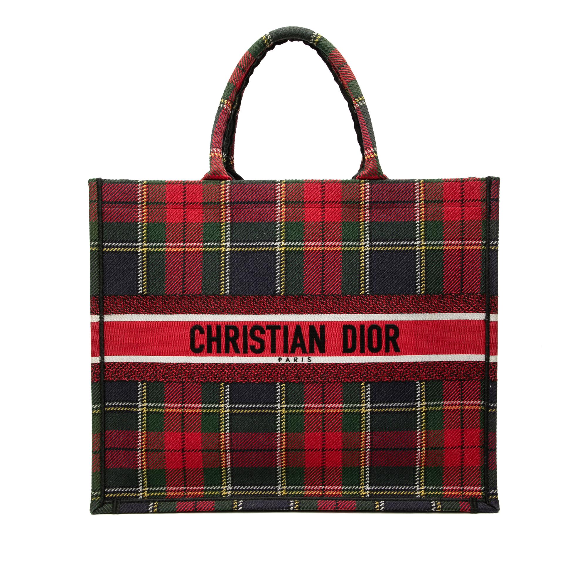 Dior Large Embroidered Canvas Tartan Check Book Tote