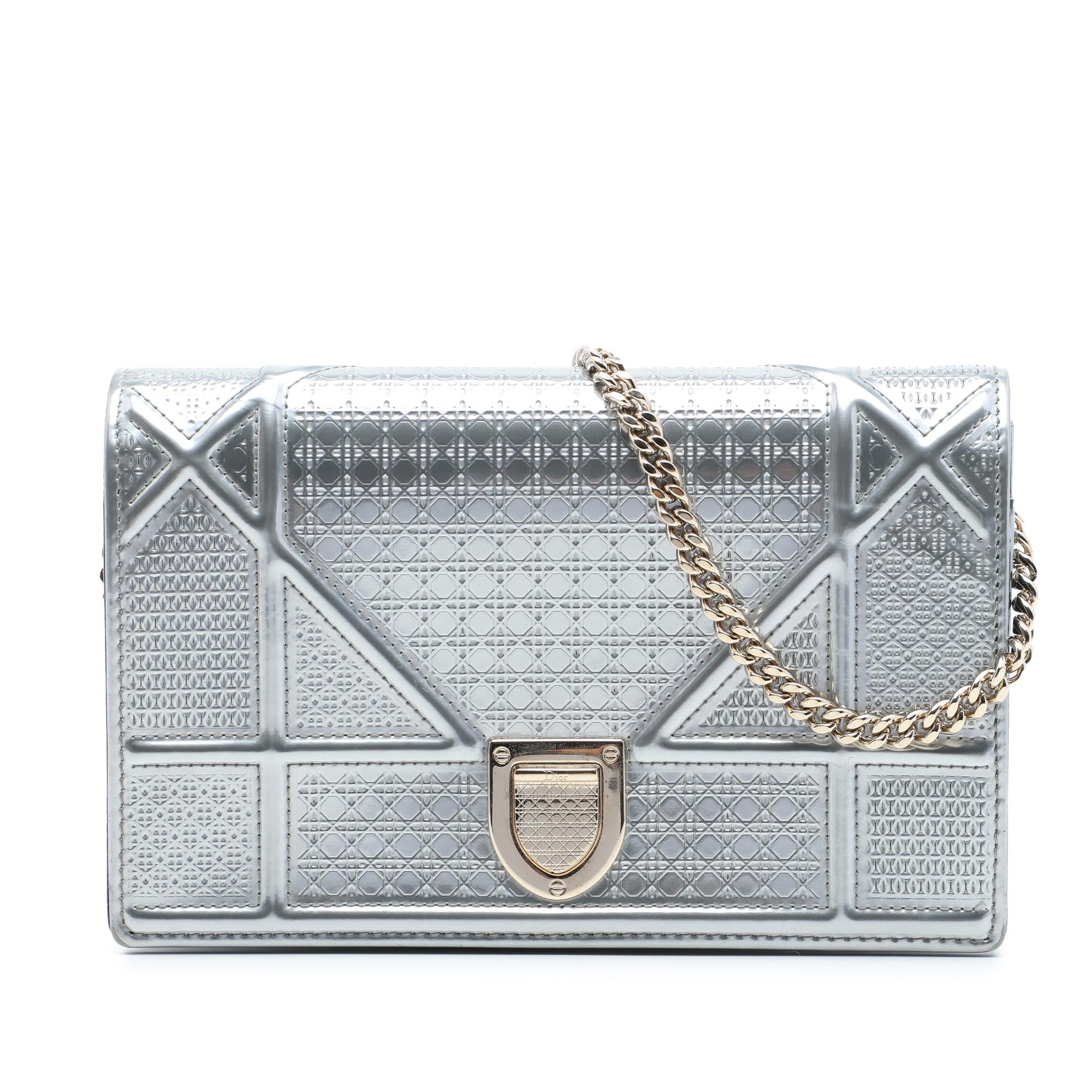 Dior Metallic Patent Microcannage Diorama Wallet on Chain