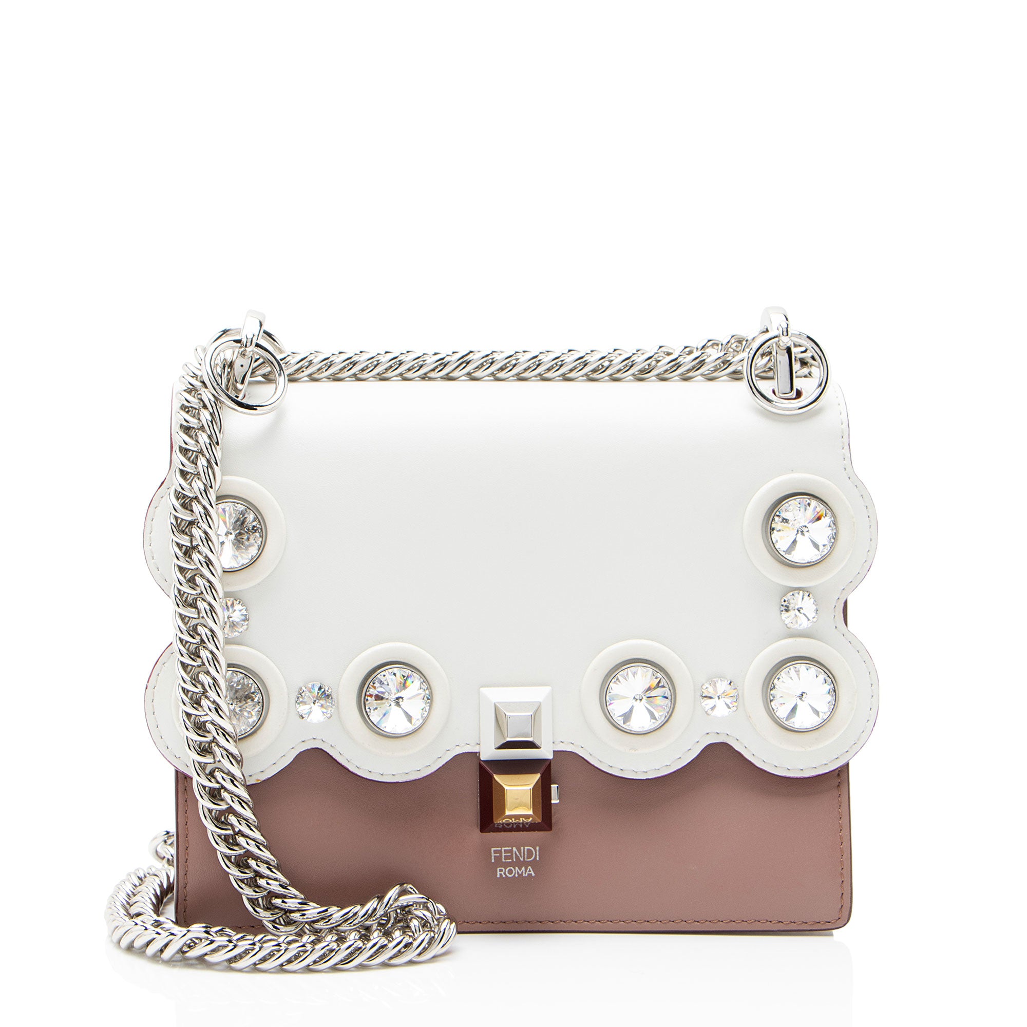 Fendi Calfskin Crystal Studded Kan I Small Shoulder Bag