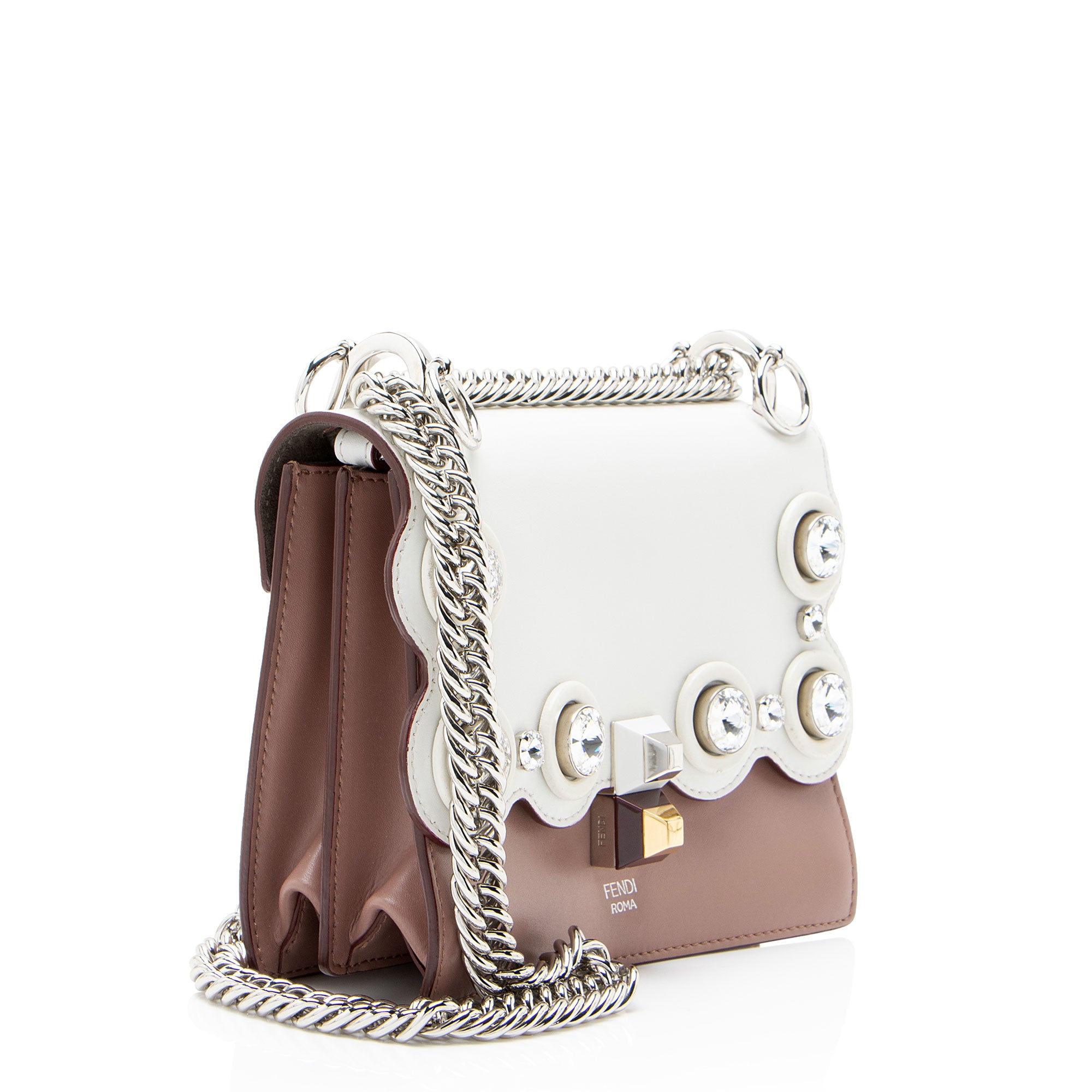 Fendi Calfskin Crystal Studded Kan I Small Shoulder Bag