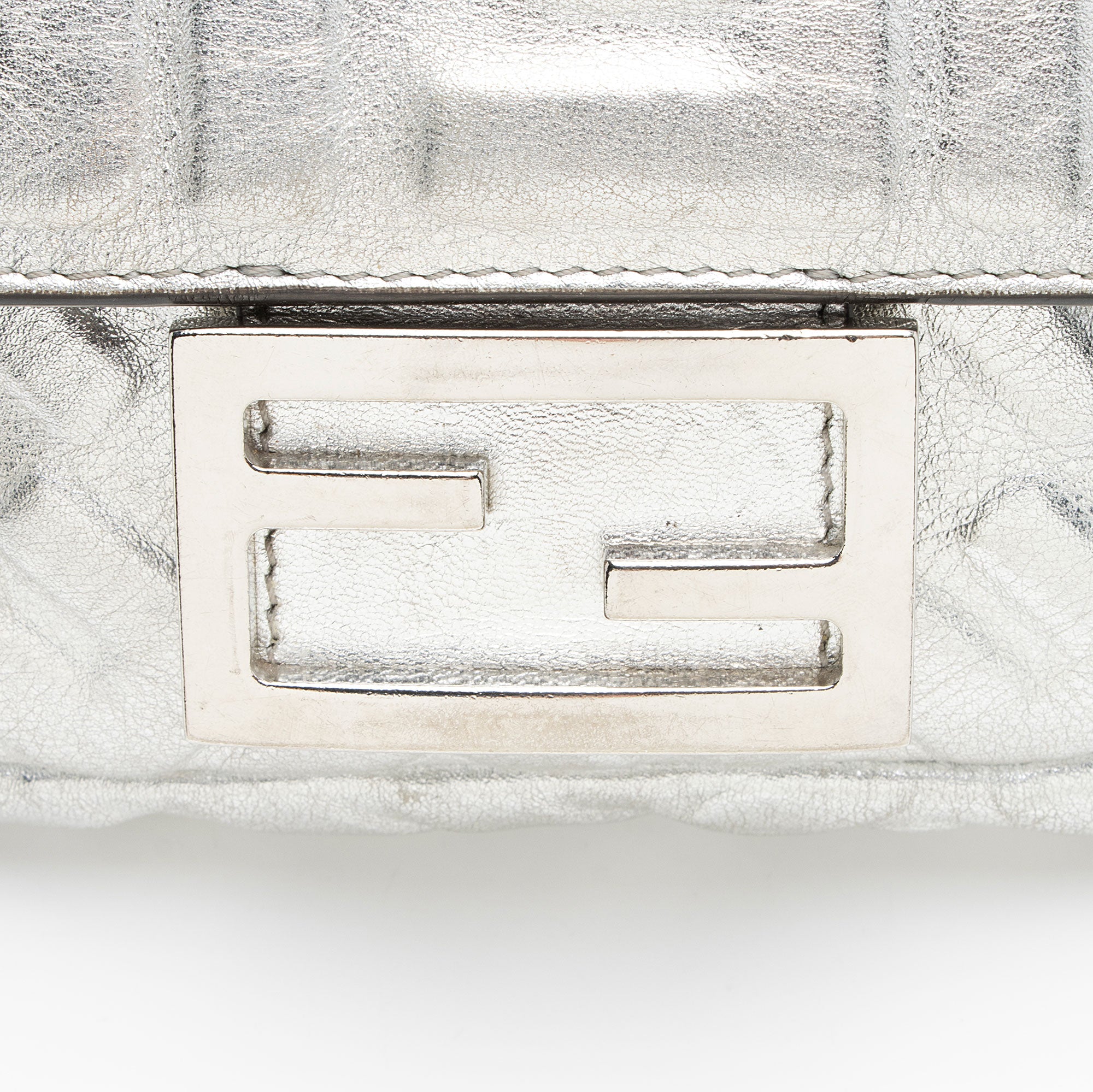 Fendi FF Embossed Metallic Leather Baguette Mini Shoulder Bag