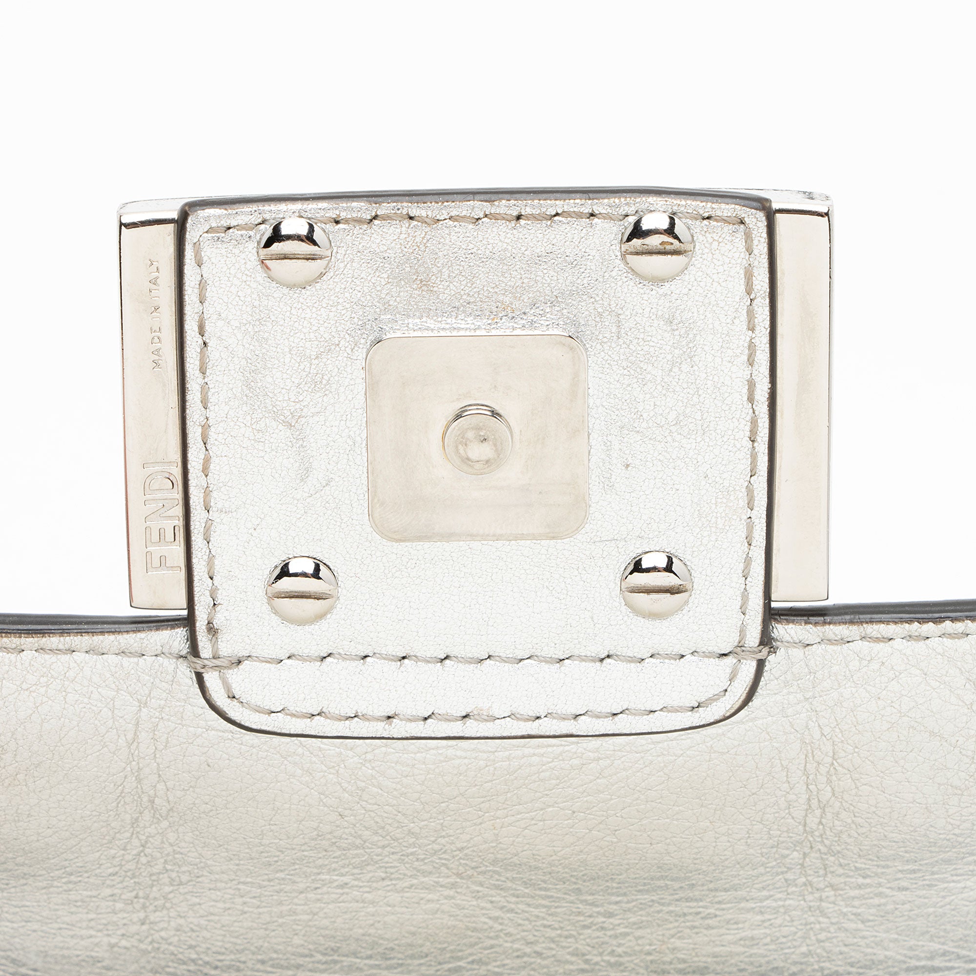 Fendi FF Embossed Metallic Leather Baguette Mini Shoulder Bag
