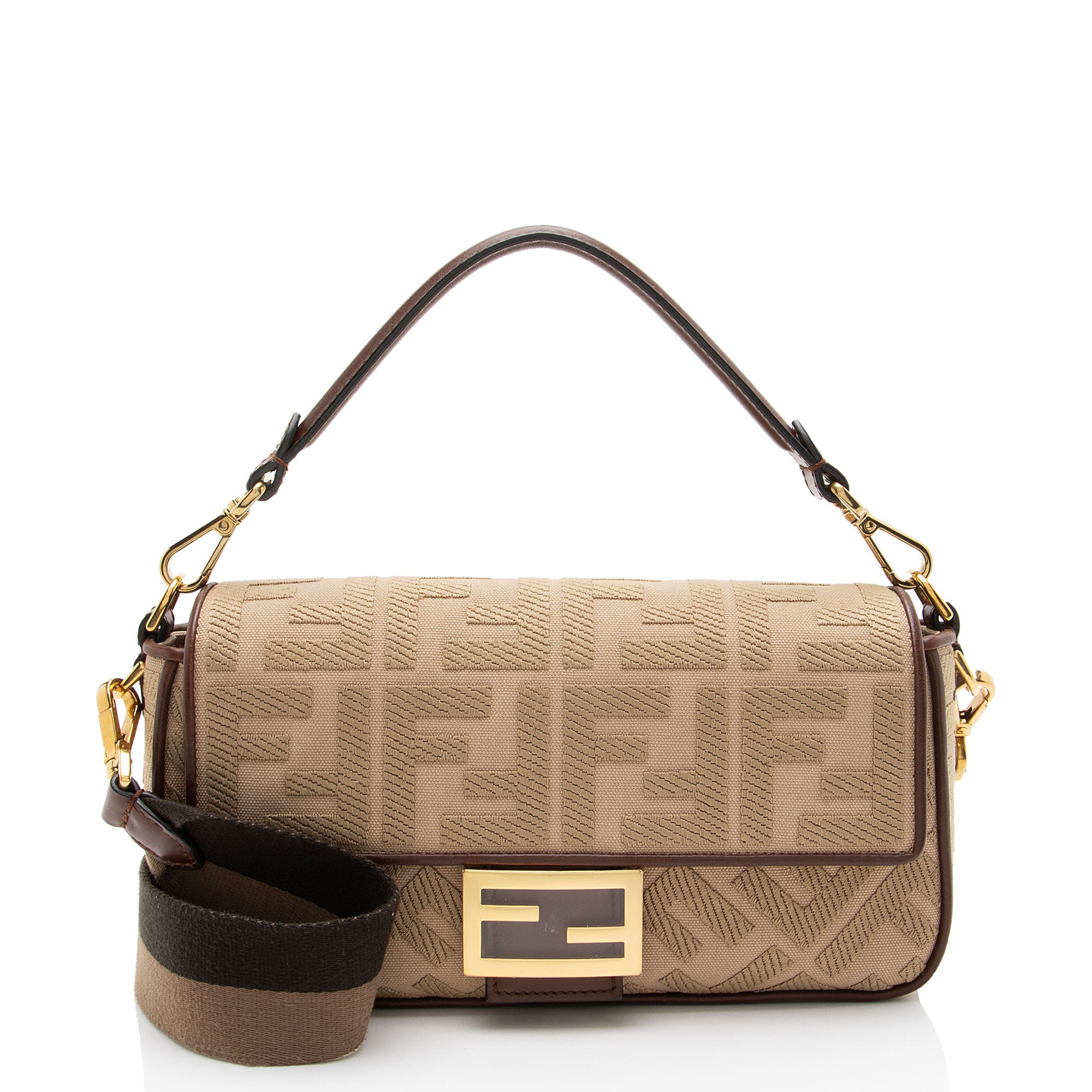 Fendi FF Embroidered Canvas Baguette Shoulder Bag