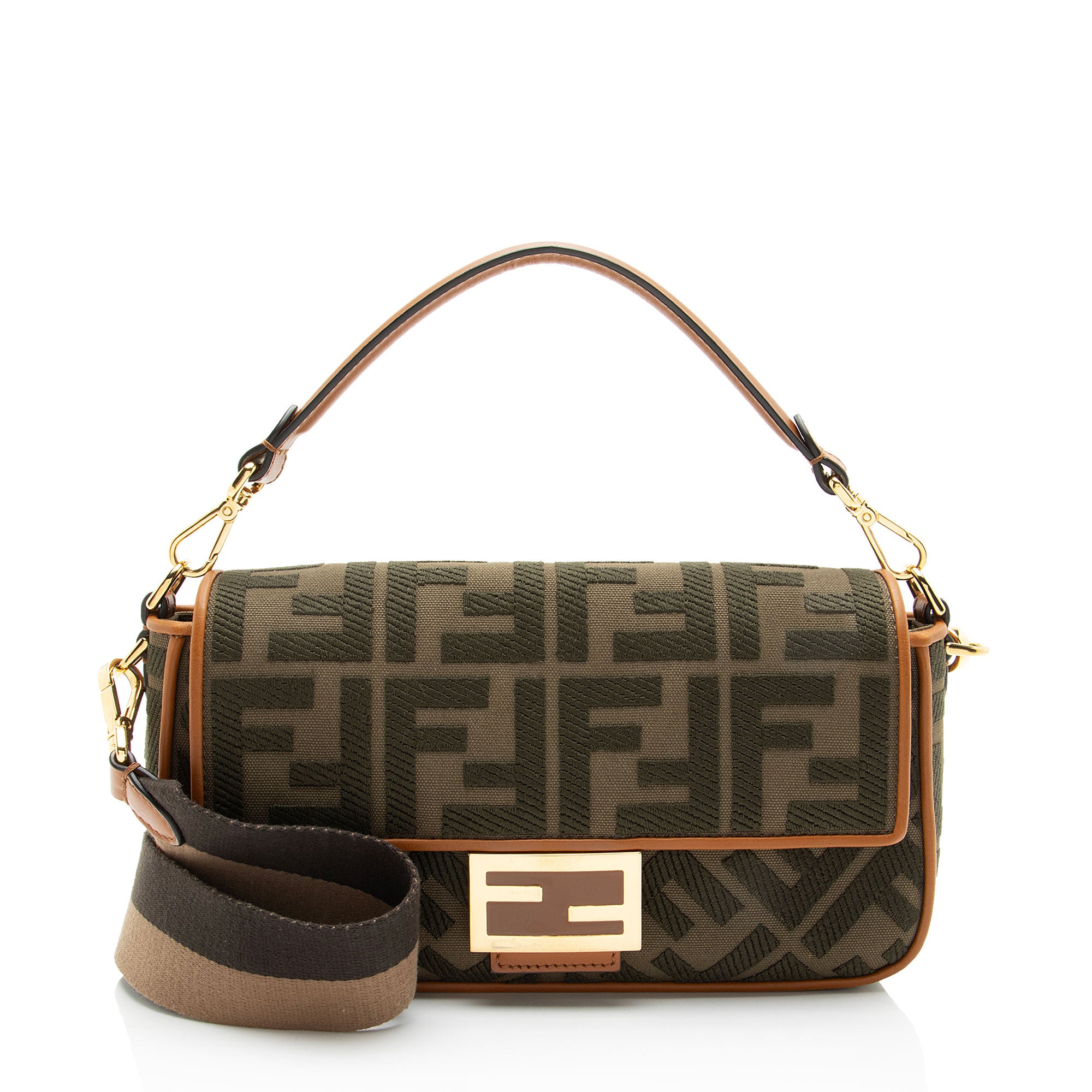 Fendi FF Embroidered Canvas Baguette Shoulder Bag