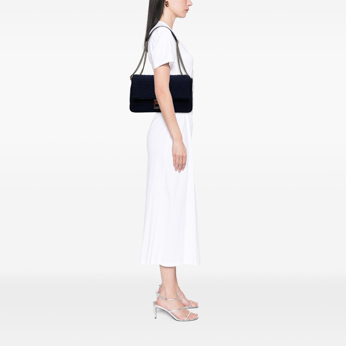 Fendi Large Zucca Embossed Technical Fabric Chain Midi Baguette