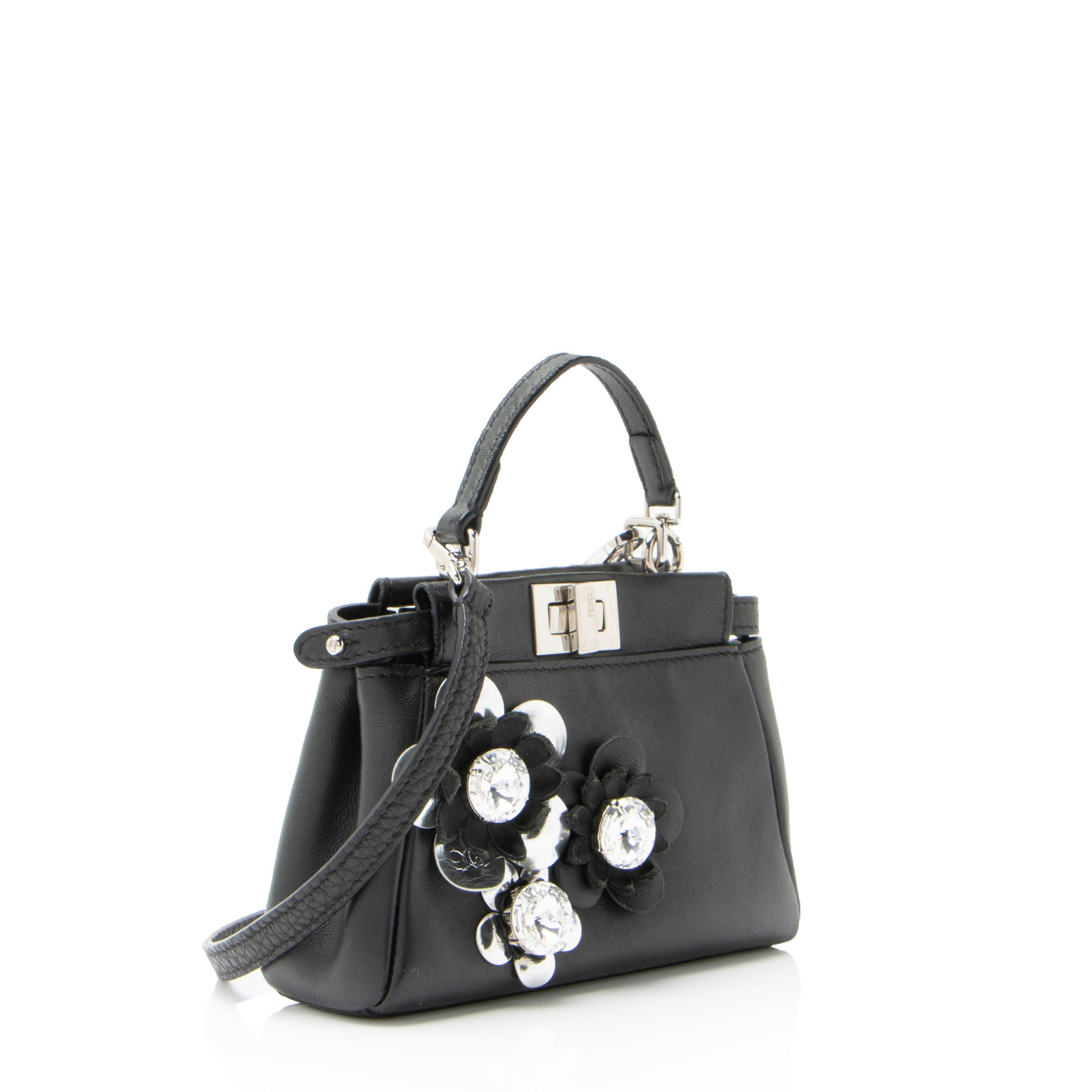Fendi Leather Floral Embellished Peekaboo Micro Shoulder Bag