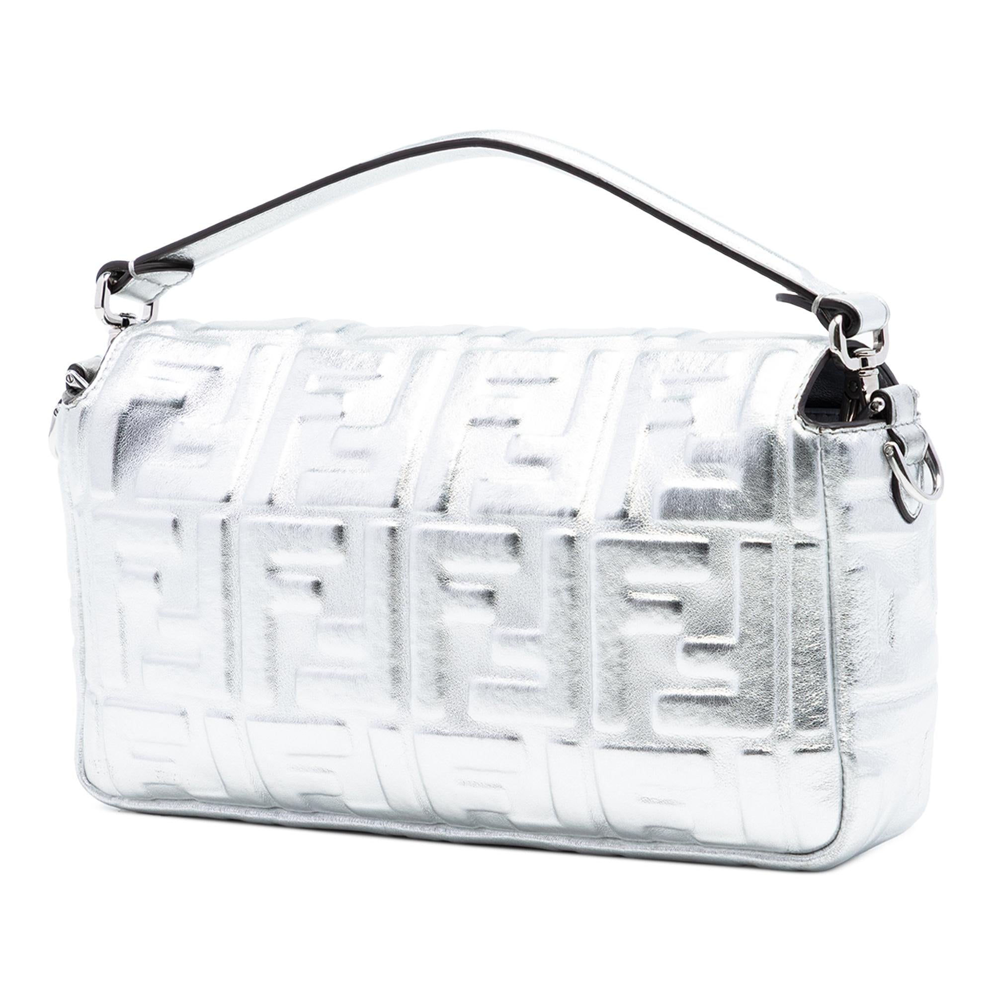 Fendi Medium Metallic Leather Embossed FF Baguette Satchel
