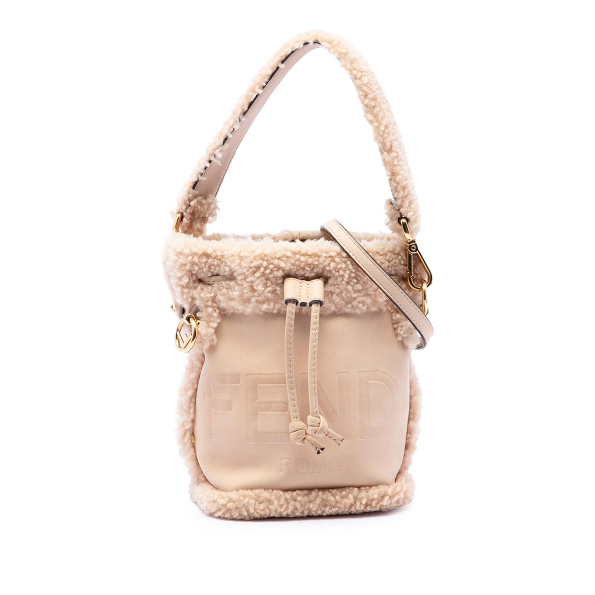 Fendi Mini Shearling Trimmed Leather Mon Tresor Bucket Bag