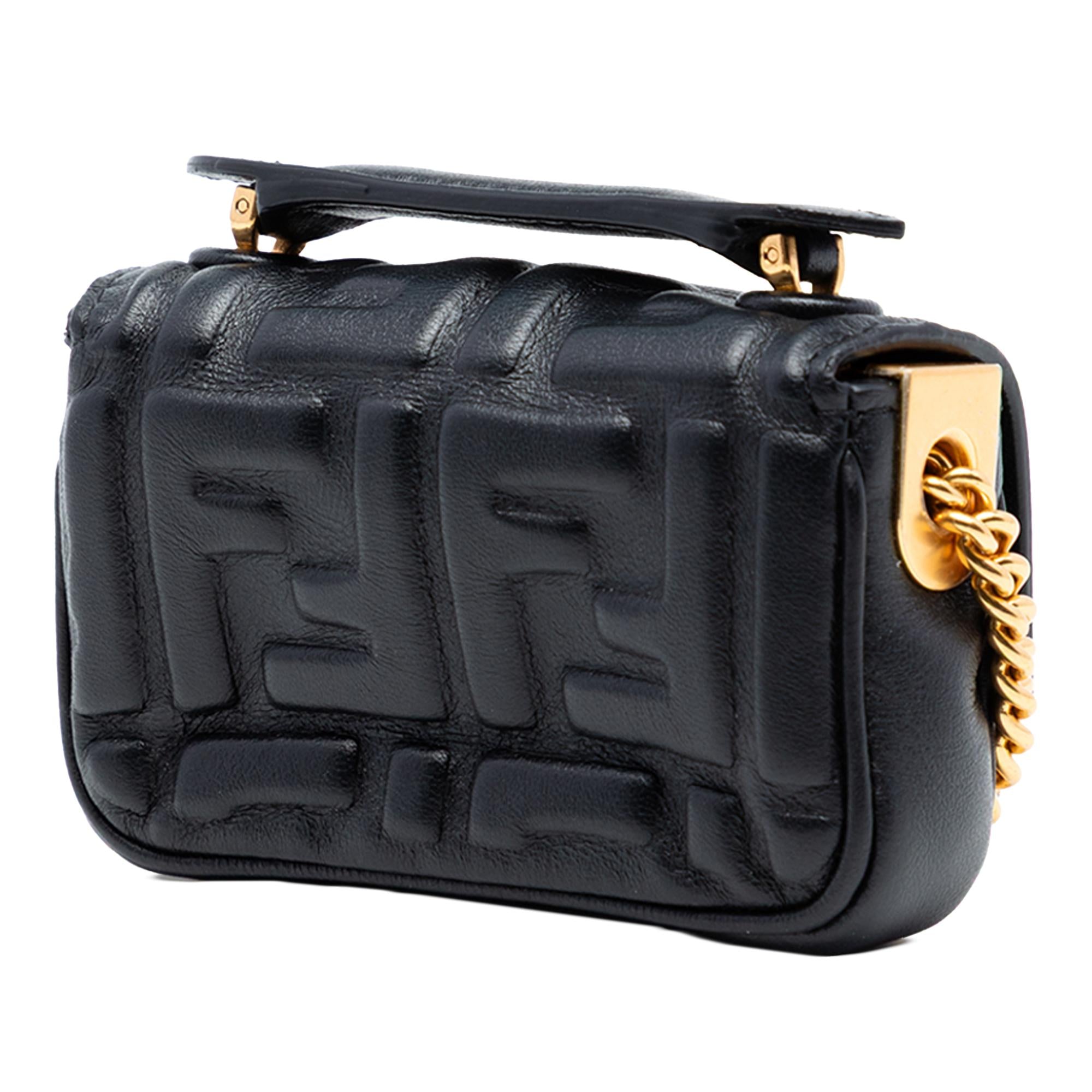 Fendi Nano Zucca Embossed Leather Baguette Chain Bag