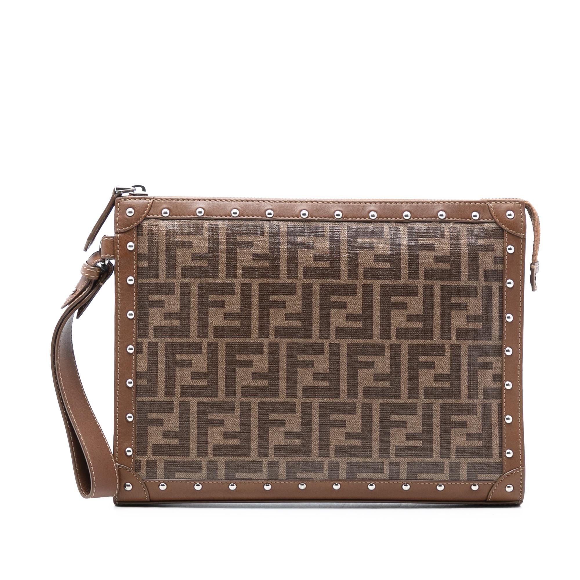 Fendi Studded Leather Trimmed Zucca Coated Canvas Clutch